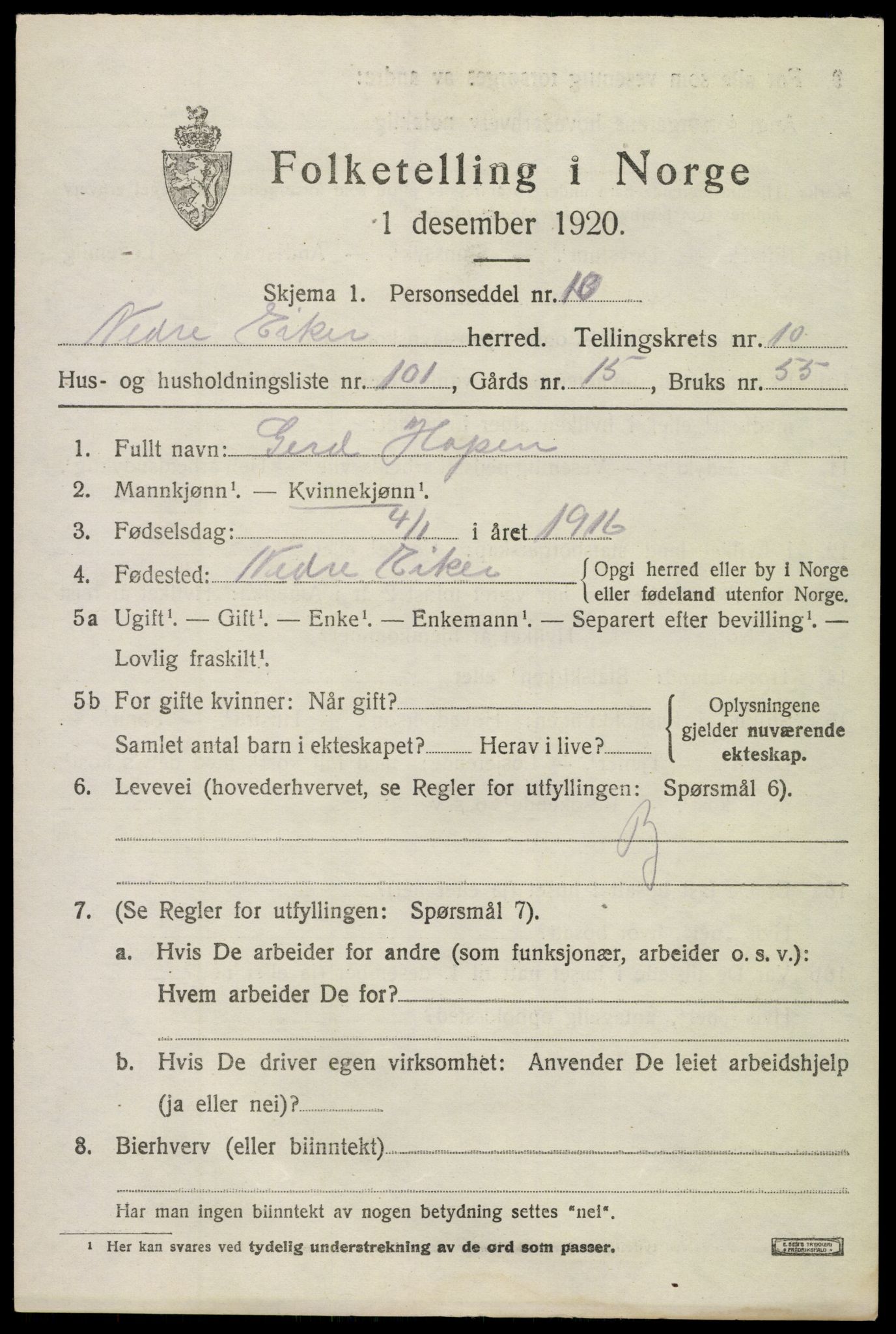 SAKO, 1920 census for Nedre Eiker, 1920, p. 11043