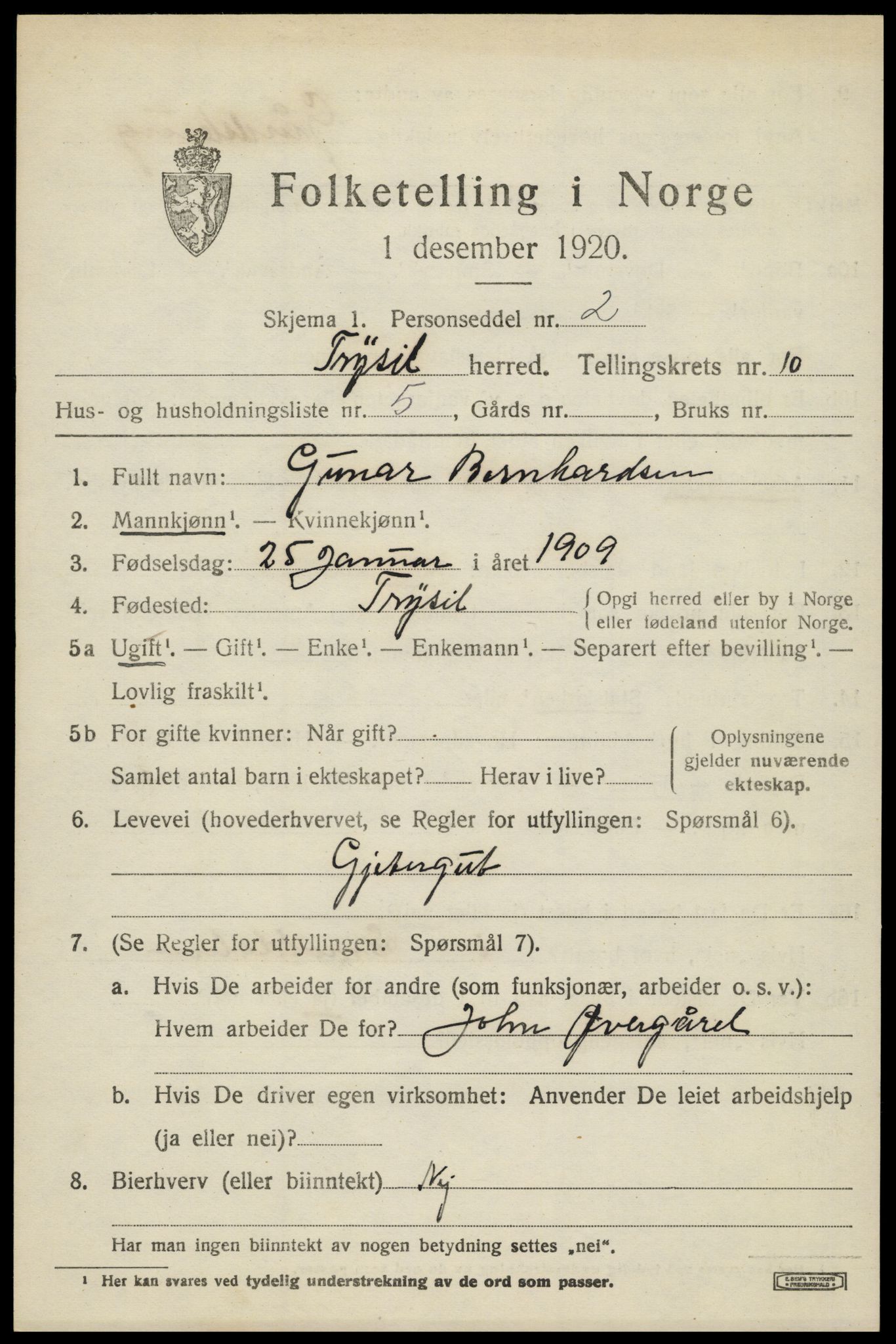 SAH, 1920 census for Trysil, 1920, p. 6913