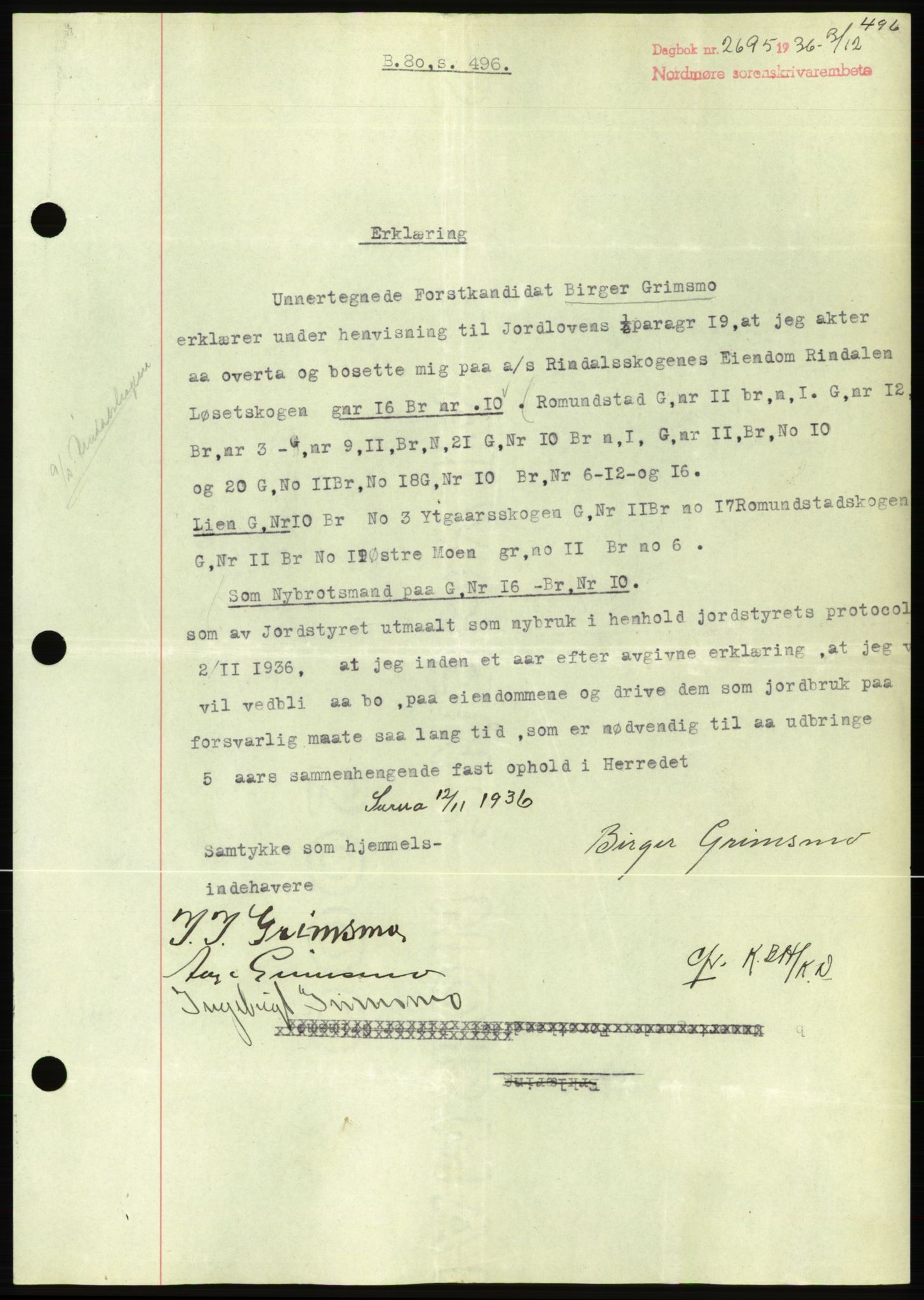 Nordmøre sorenskriveri, AV/SAT-A-4132/1/2/2Ca/L0090: Mortgage book no. B80, 1936-1937, Diary no: : 2695/1936