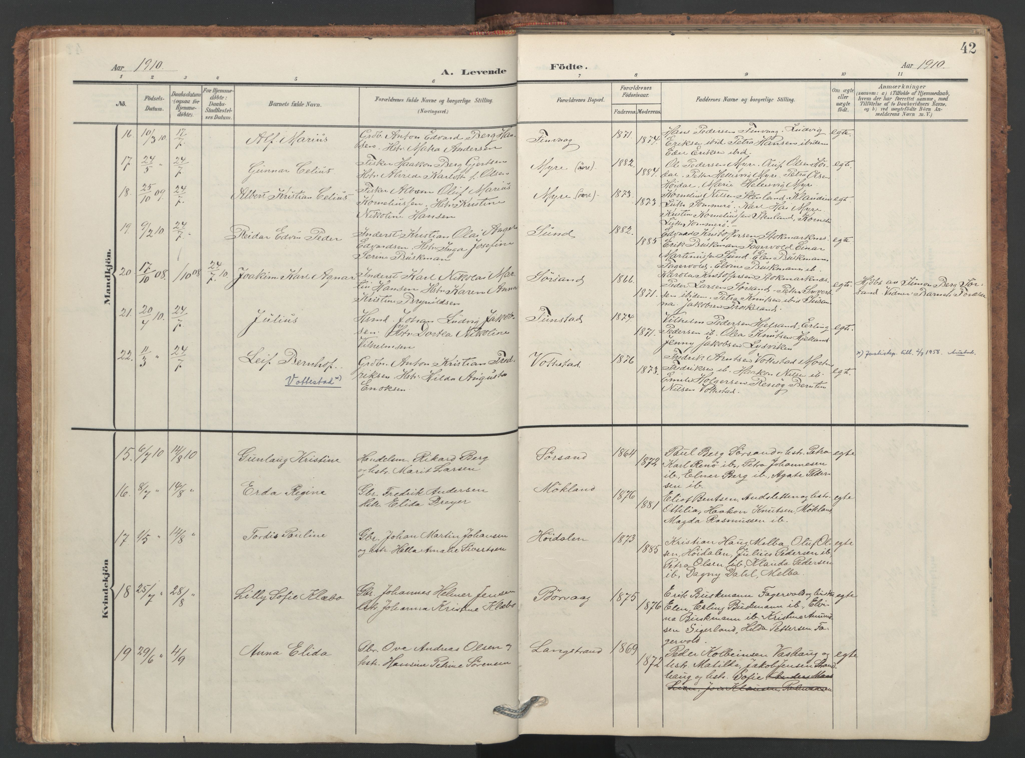 Ministerialprotokoller, klokkerbøker og fødselsregistre - Nordland, SAT/A-1459/893/L1339: Parish register (official) no. 893A11, 1904-1914, p. 42