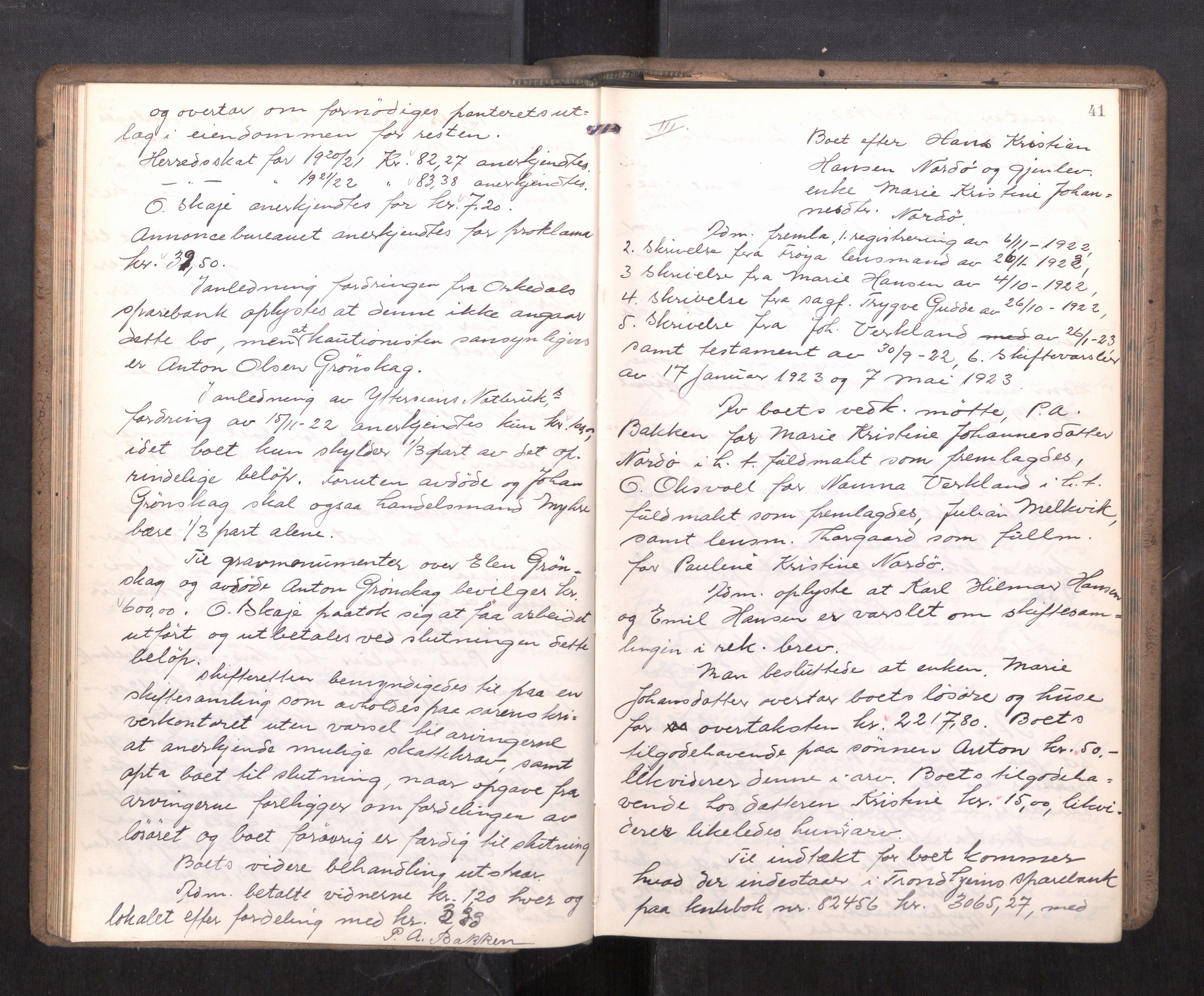 Hitra sorenskriveri, AV/SAT-A-0018/3/3B/L0002: Skifteforhandlingsprotokoll, 1922-1927, p. 40b-41a