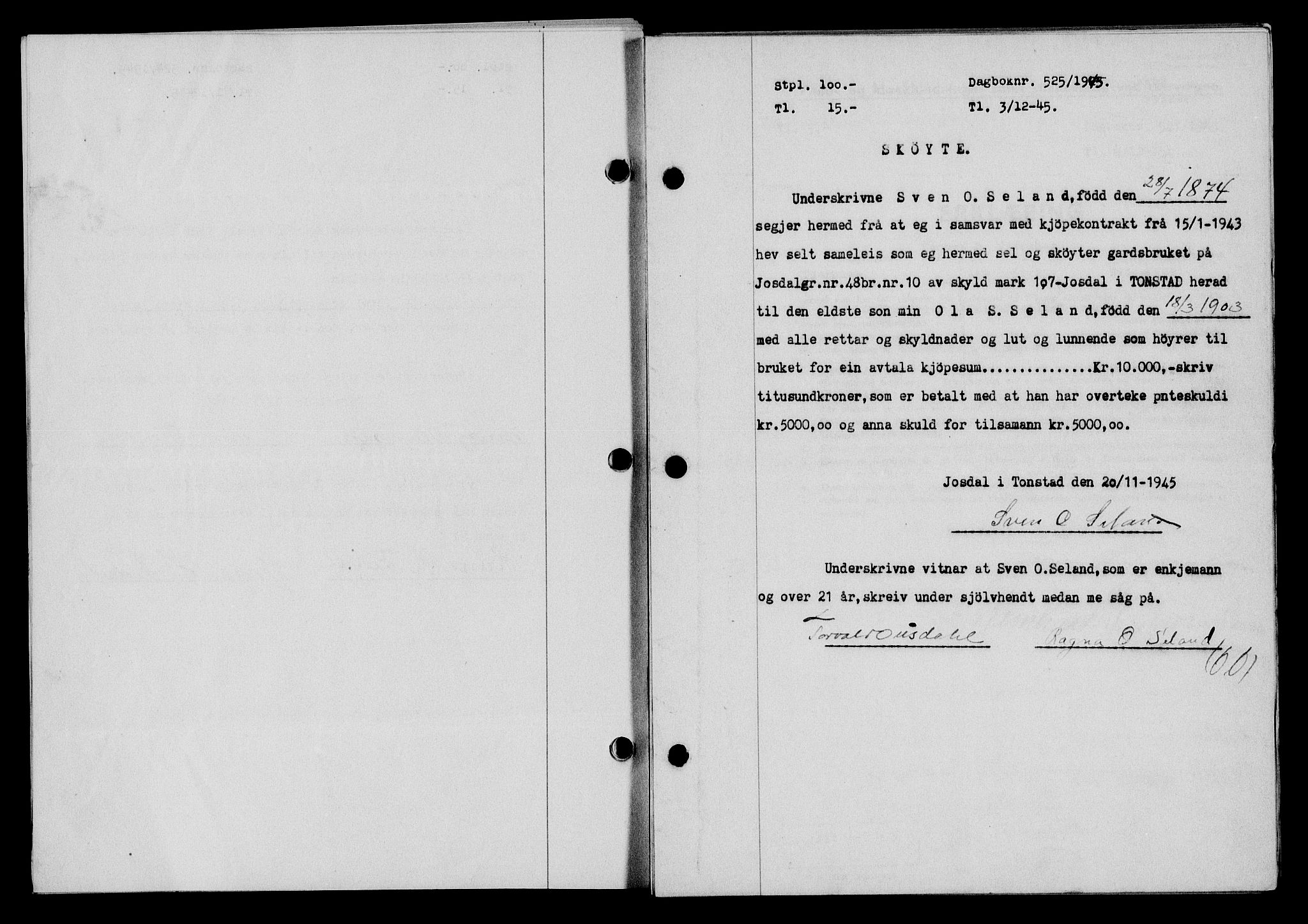 Flekkefjord sorenskriveri, SAK/1221-0001/G/Gb/Gba/L0060: Mortgage book no. A-8, 1945-1946, Diary no: : 525/1945