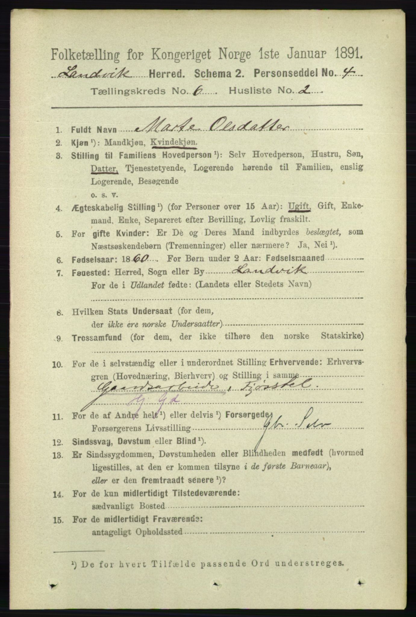 RA, 1891 census for 0924 Landvik, 1891, p. 2453