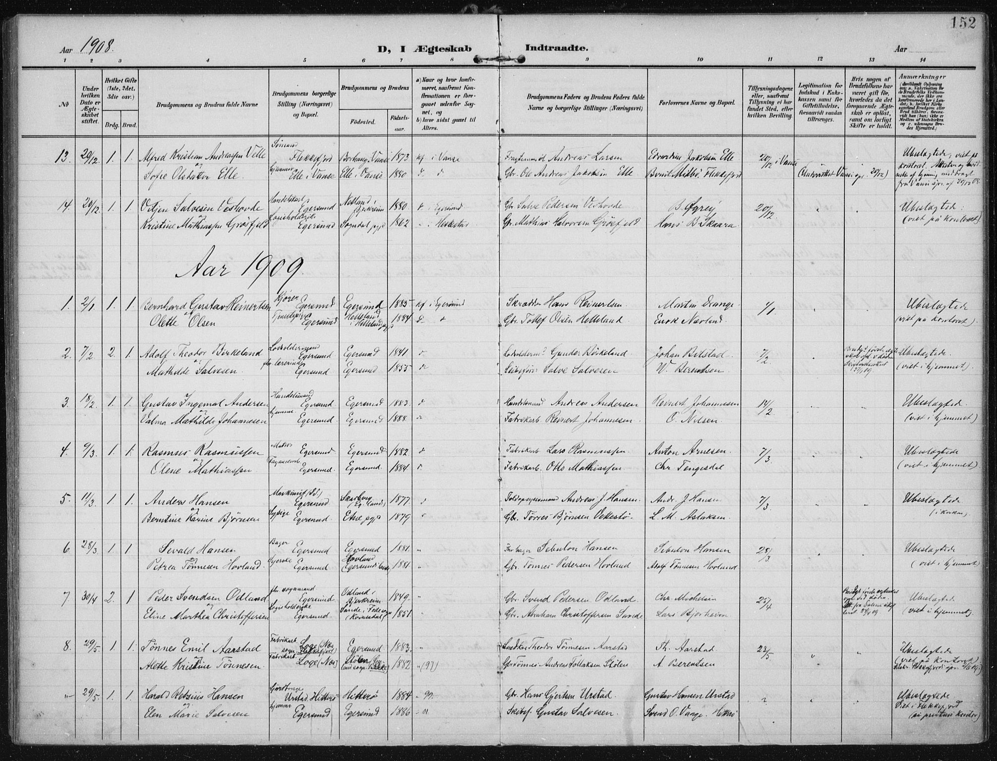 Eigersund sokneprestkontor, AV/SAST-A-101807/S08/L0022: Parish register (official) no. A 21, 1905-1928, p. 152