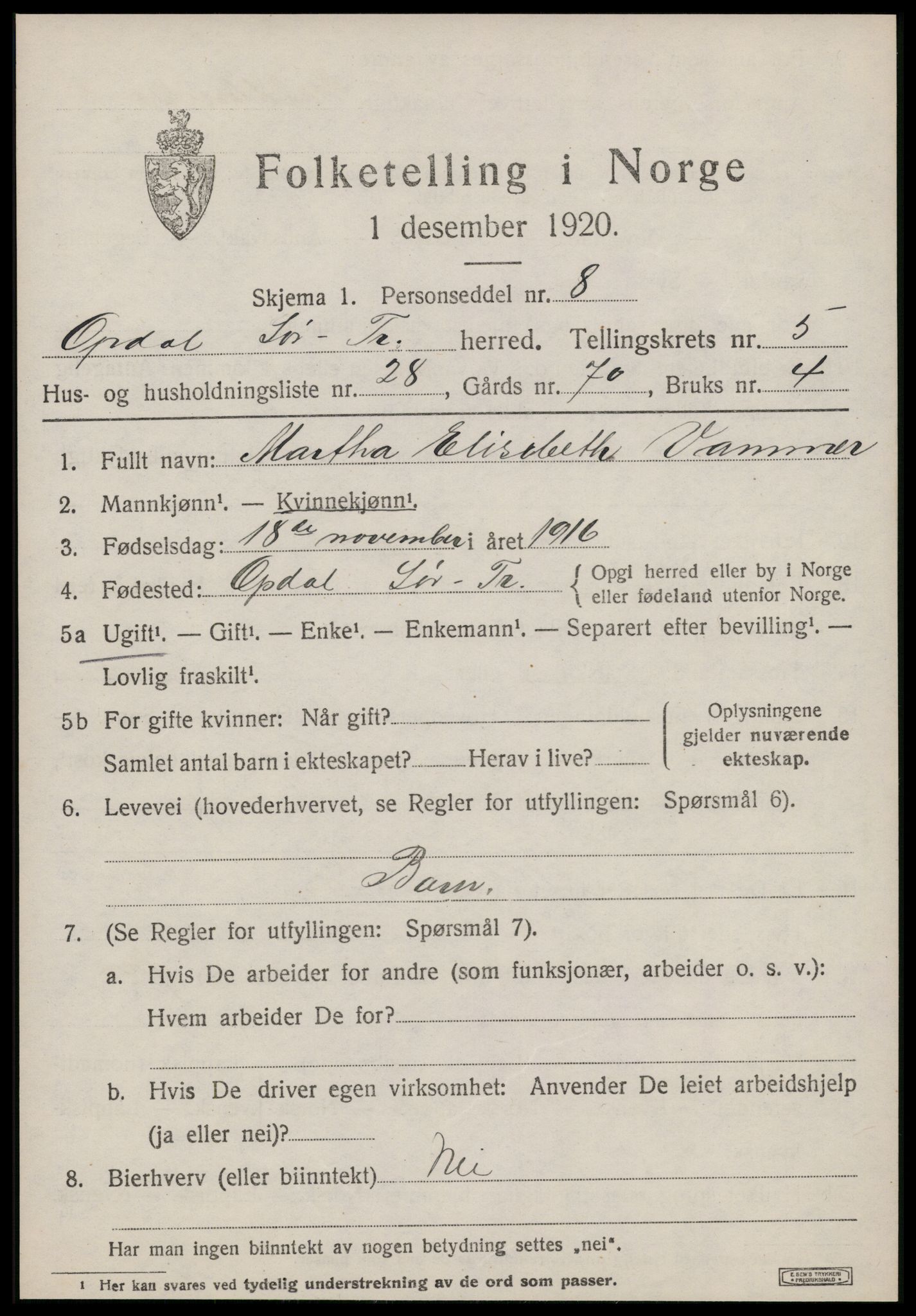 SAT, 1920 census for Oppdal, 1920, p. 5279