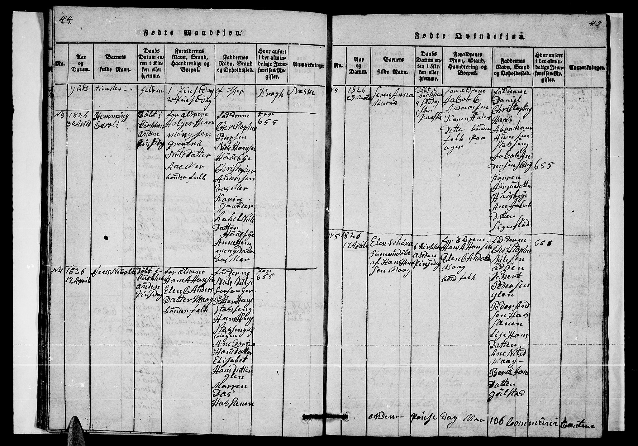 Ministerialprotokoller, klokkerbøker og fødselsregistre - Nordland, SAT/A-1459/835/L0529: Parish register (copy) no. 835C01, 1820-1828, p. 44-45