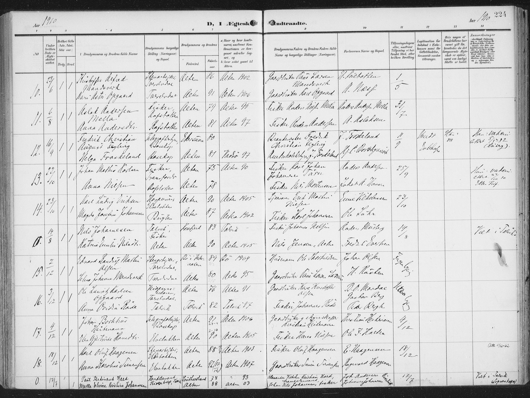 Alta sokneprestkontor, AV/SATØ-S-1338/H/Ha/L0005.kirke: Parish register (official) no. 5, 1904-1918, p. 224