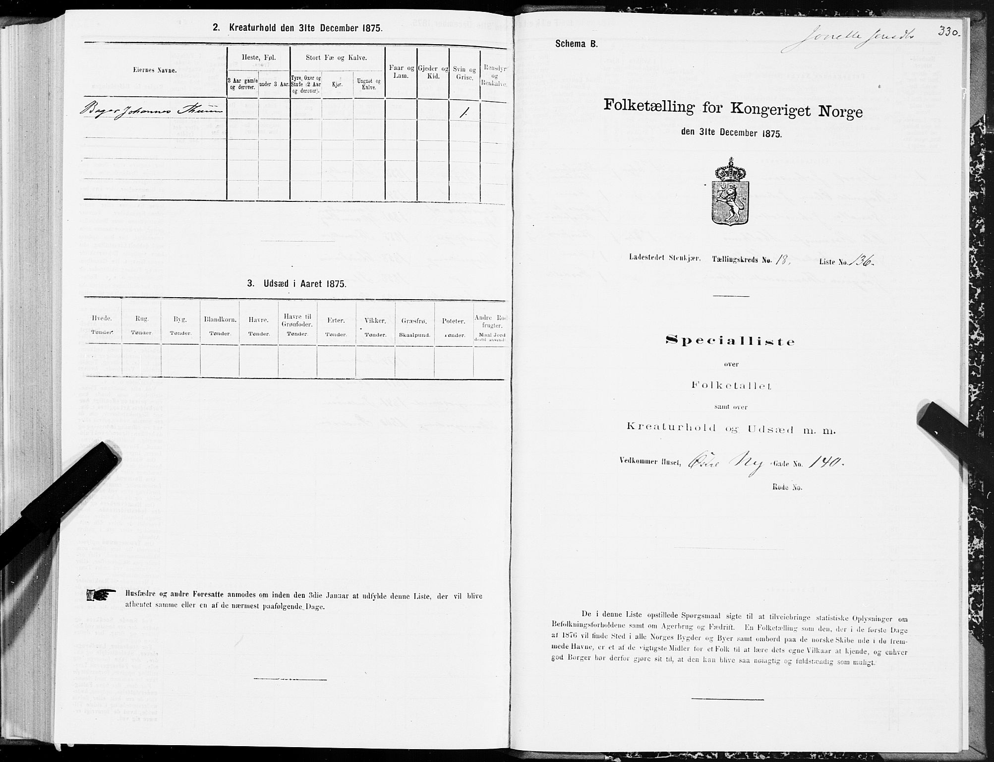 SAT, 1875 census for 1702B Steinkjer/Steinkjer, 1875, p. 330