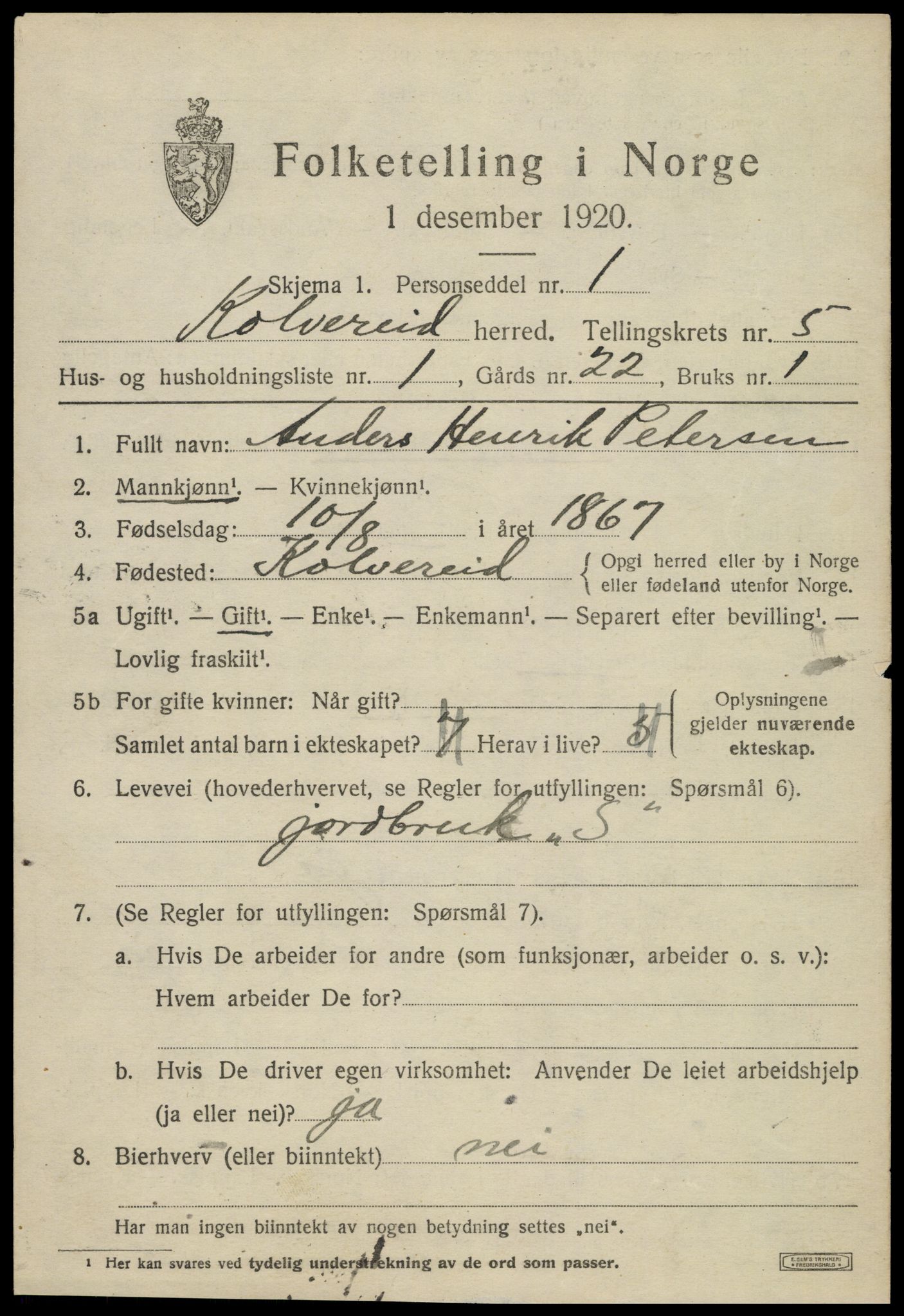 SAT, 1920 census for Kolvereid, 1920, p. 3123