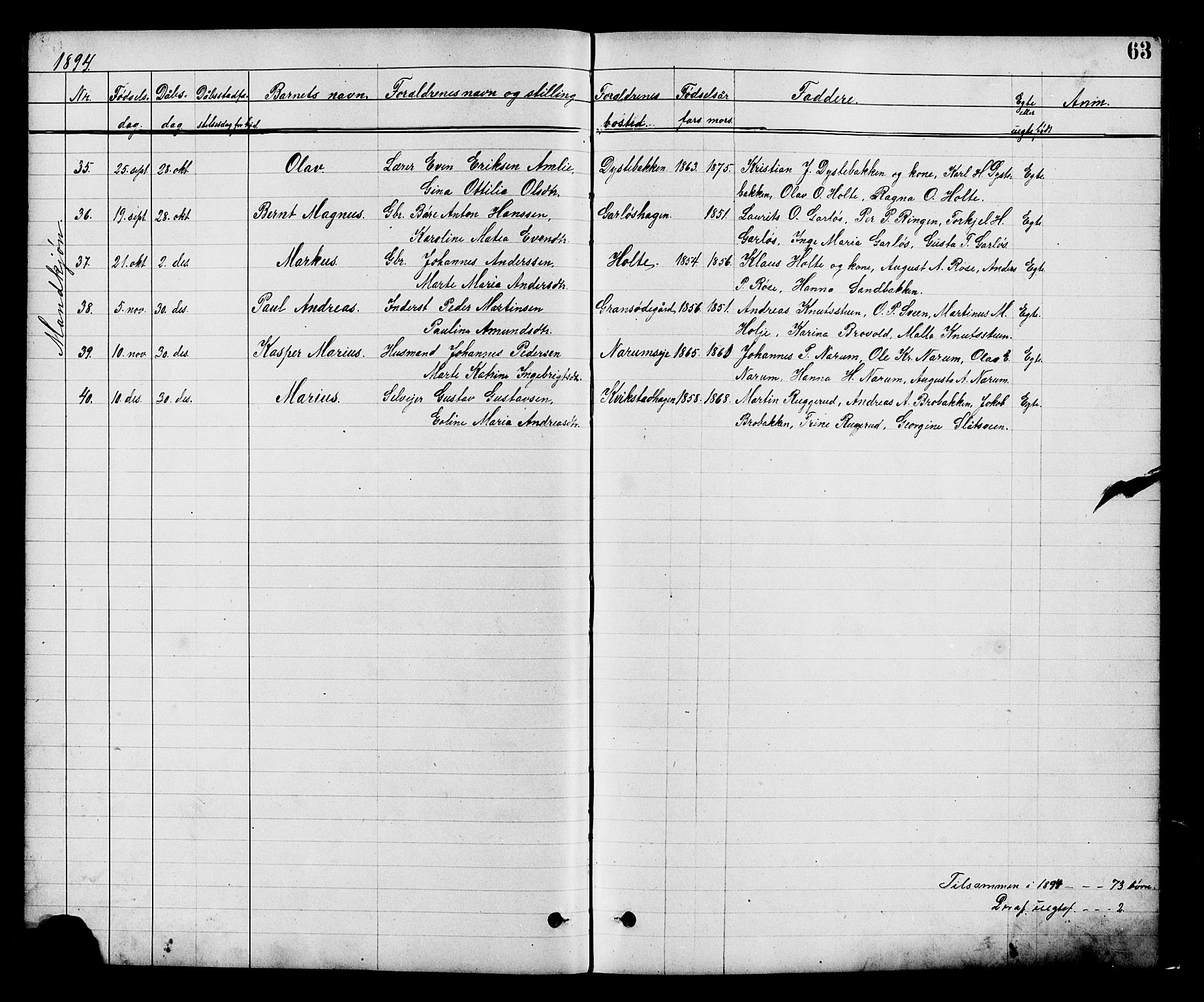 Vestre Toten prestekontor, SAH/PREST-108/H/Ha/Hab/L0008: Parish register (copy) no. 8, 1885-1900, p. 63