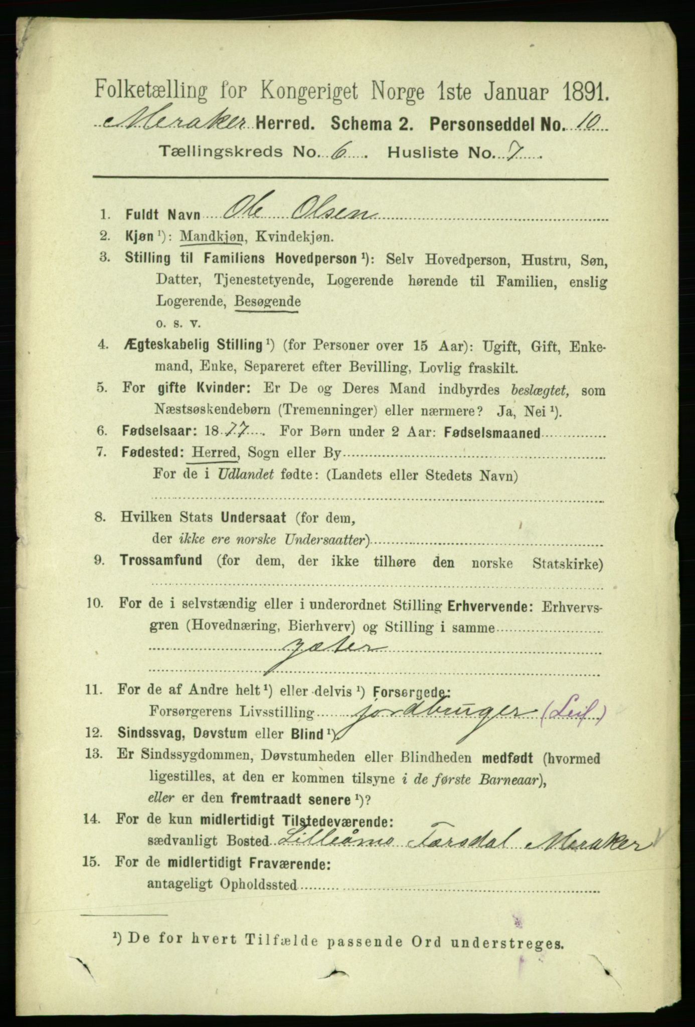 RA, 1891 census for 1711 Meråker, 1891, p. 2095