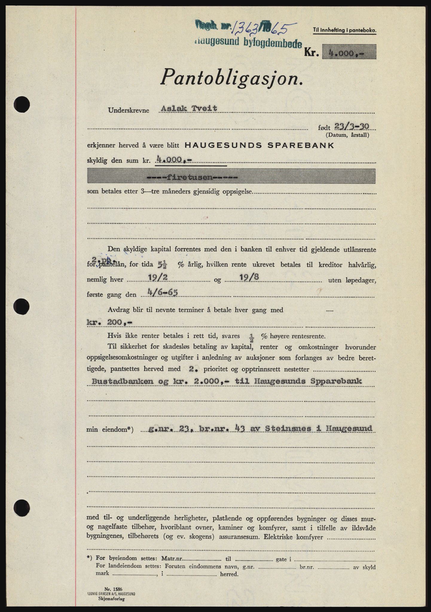 Haugesund tingrett, SAST/A-101415/01/II/IIC/L0053: Mortgage book no. B 53, 1965-1965, Diary no: : 1363/1965