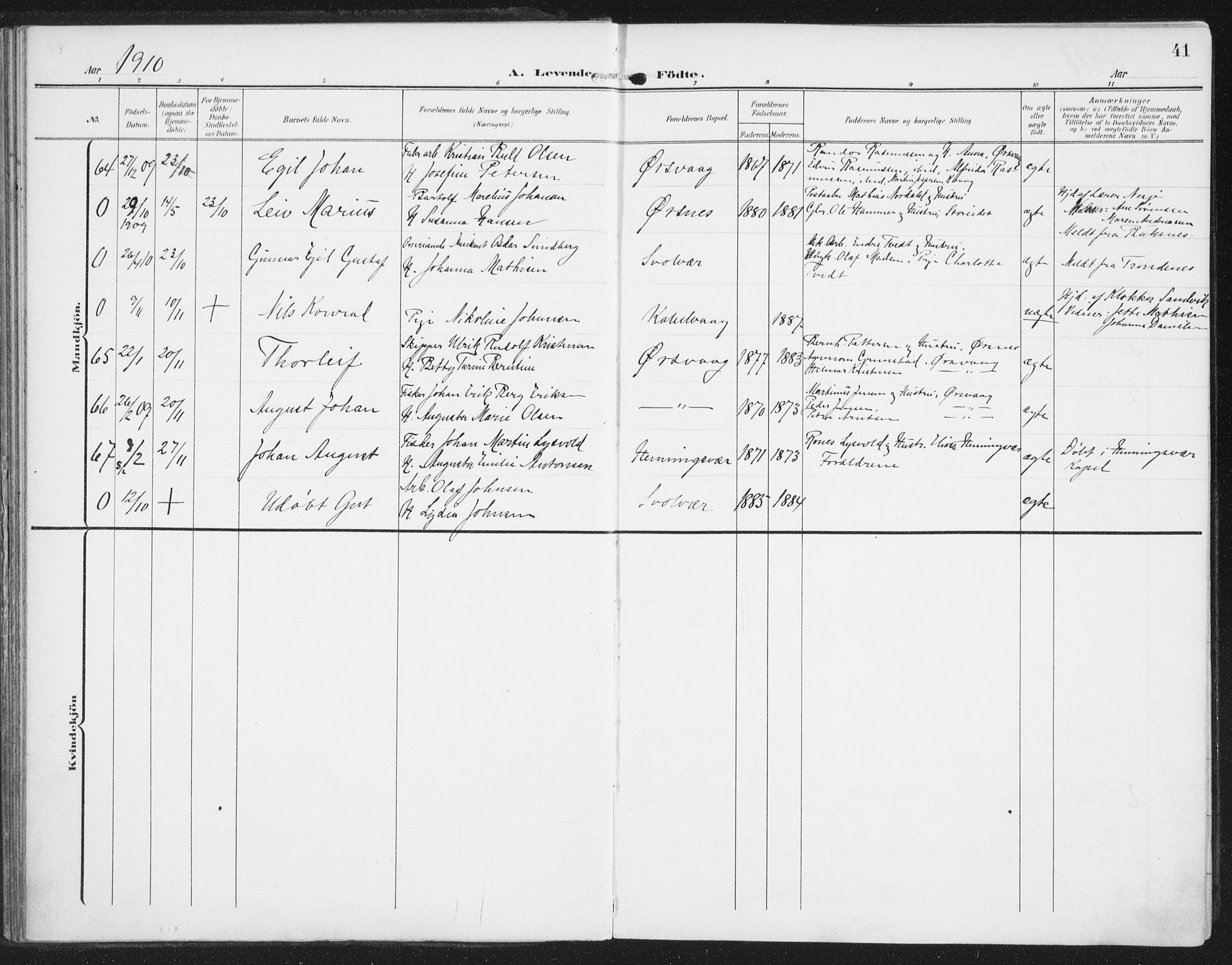 Ministerialprotokoller, klokkerbøker og fødselsregistre - Nordland, AV/SAT-A-1459/874/L1063: Parish register (official) no. 874A07, 1907-1915, p. 41