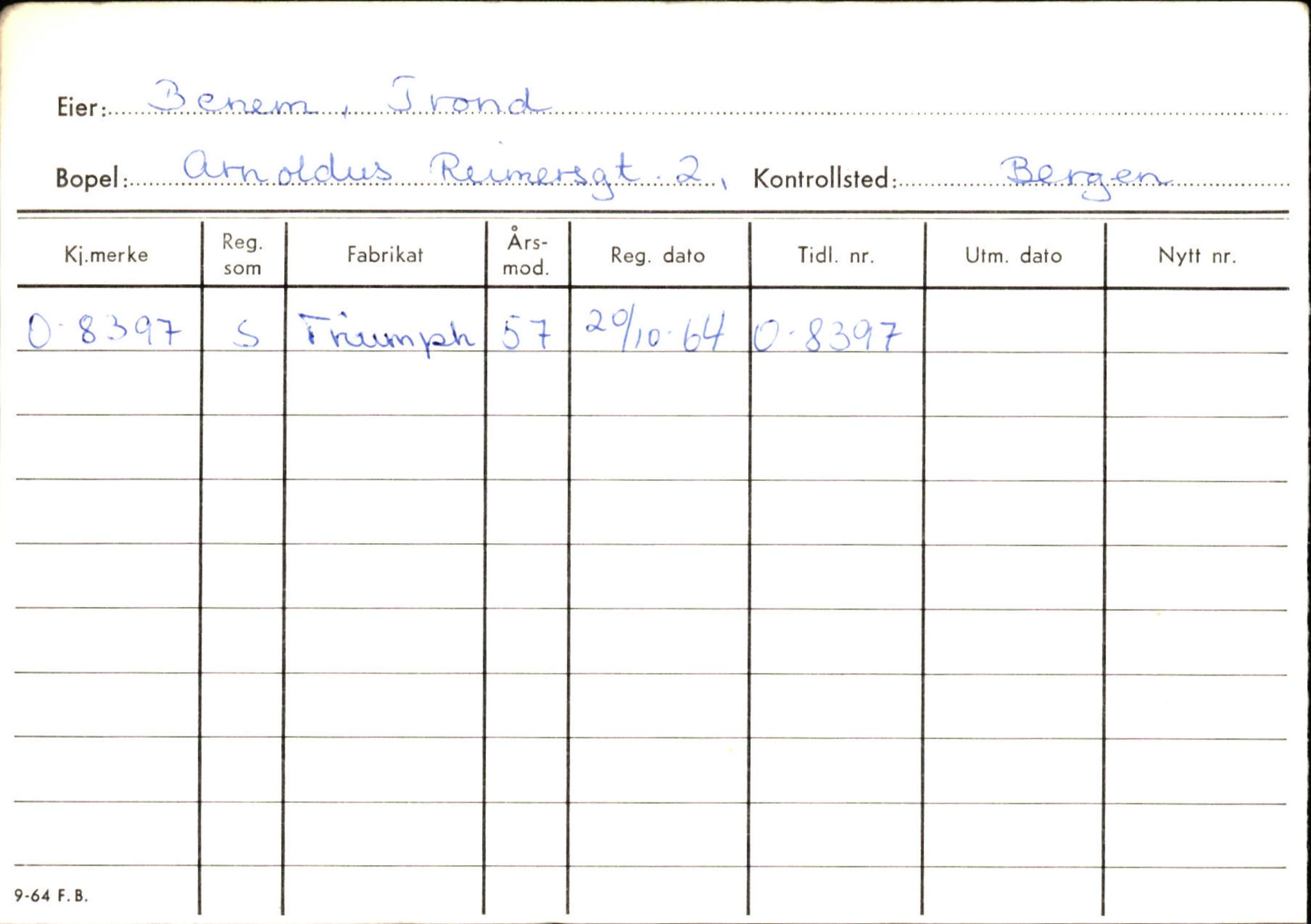 Statens vegvesen, Hordaland vegkontor, SAB/A-5201/2/Hb/L0003: O-eierkort B, 1920-1971, p. 1