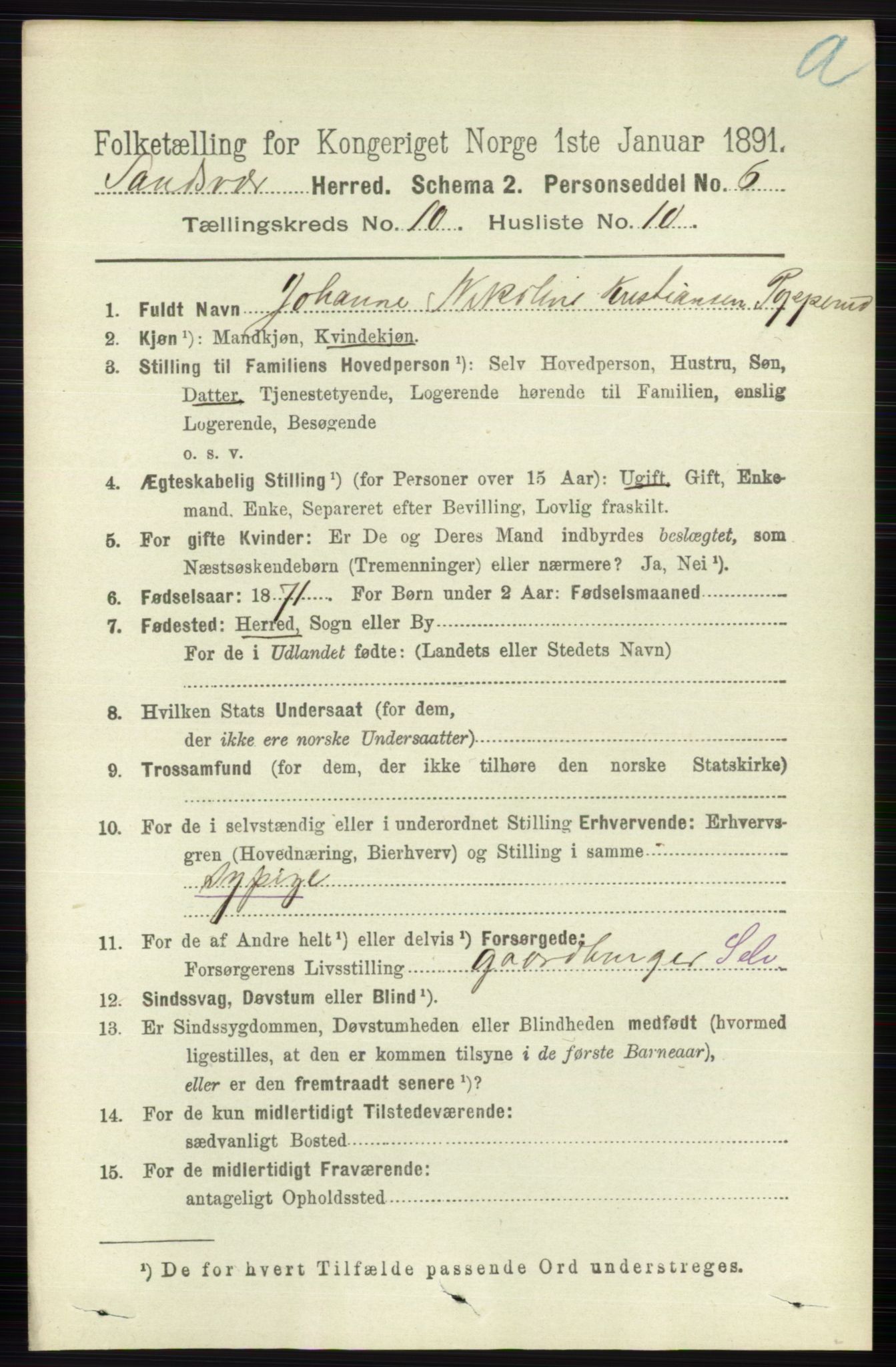 RA, 1891 census for 0629 Sandsvær, 1891, p. 4980