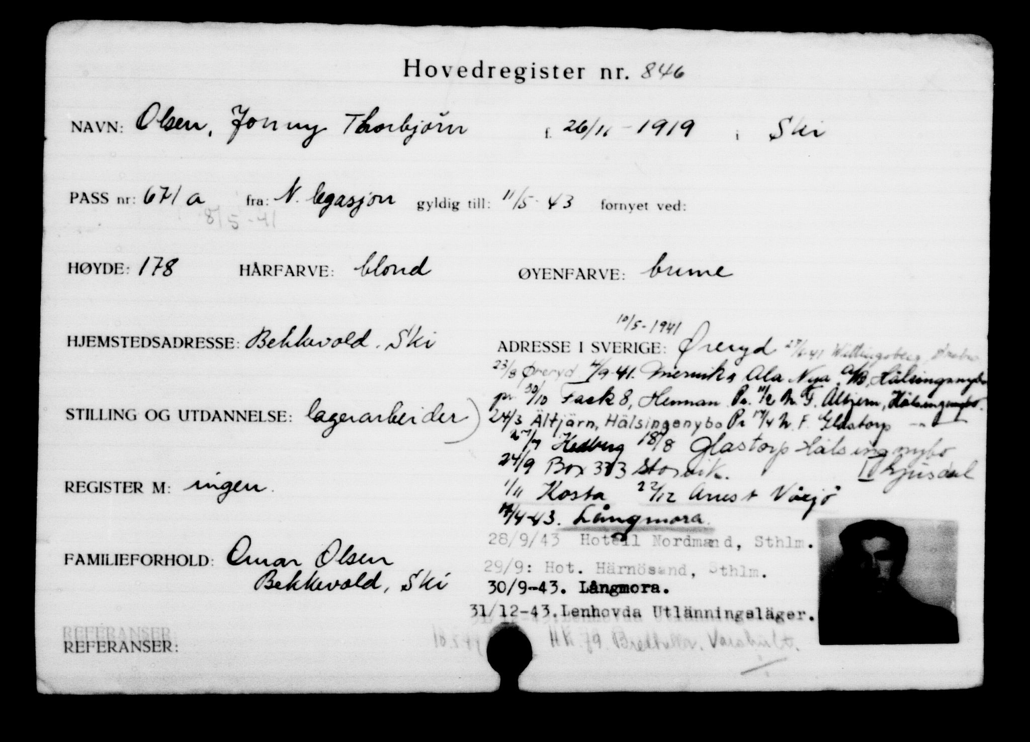 Utenriksstasjonene, Legasjonen i Stockholm, Flyktningkontoret, AV/RA-S-6753/V/Va/L0001: Kjesäterkartoteket, flyktninger med registreringsnr. 1-1000, 1940-1945, p. 1343