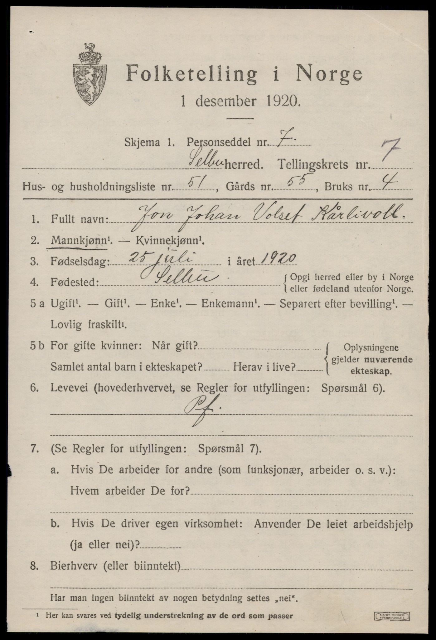 SAT, 1920 census for Selbu, 1920, p. 4426