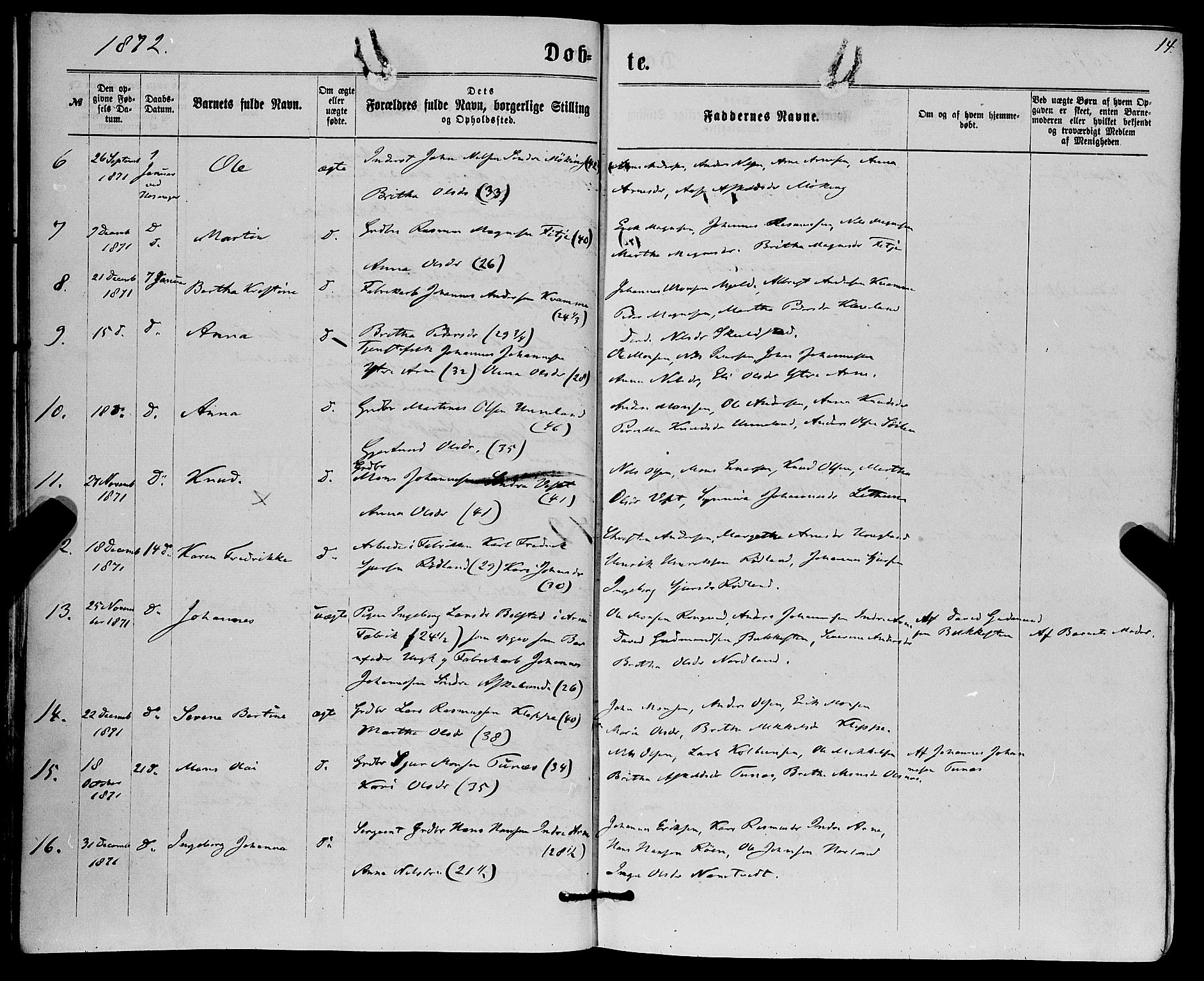 Haus sokneprestembete, SAB/A-75601/H/Haa: Parish register (official) no. A 18, 1871-1877, p. 14