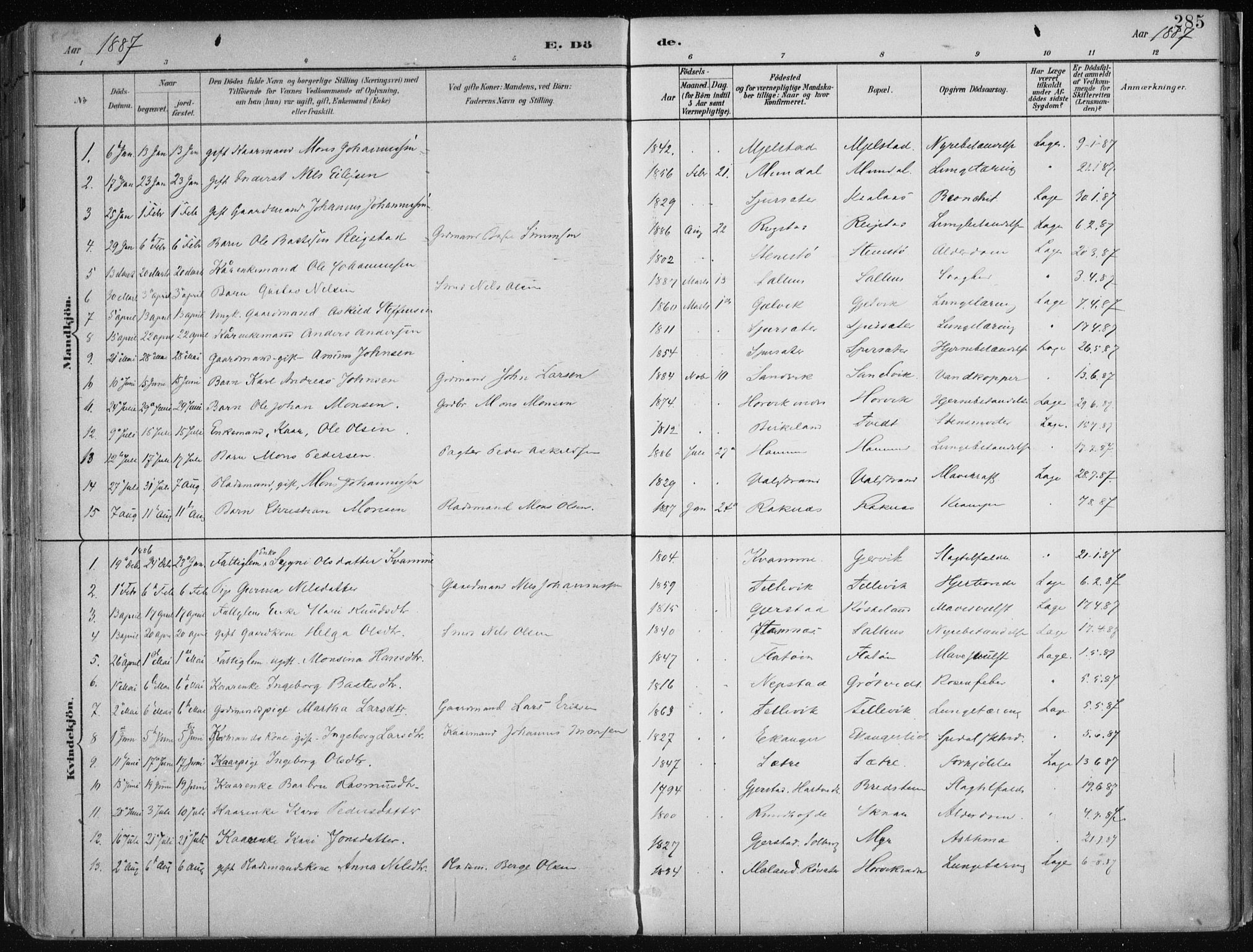 Hamre sokneprestembete, SAB/A-75501/H/Ha/Haa/Haab/L0001: Parish register (official) no. B  1, 1882-1905, p. 285