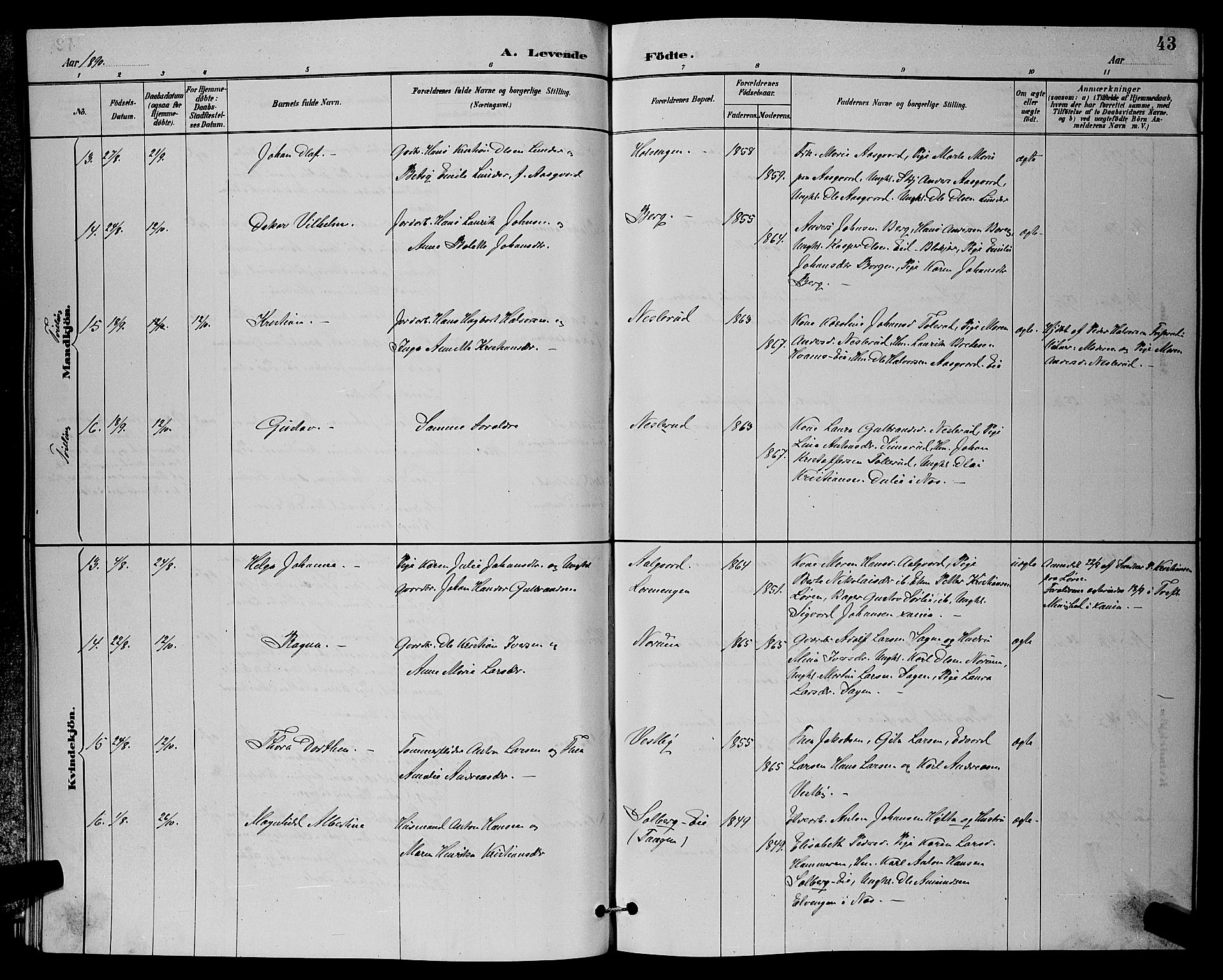 Sørum prestekontor Kirkebøker, AV/SAO-A-10303/G/Ga/L0005: Parish register (copy) no. I 5.1, 1886-1894, p. 43