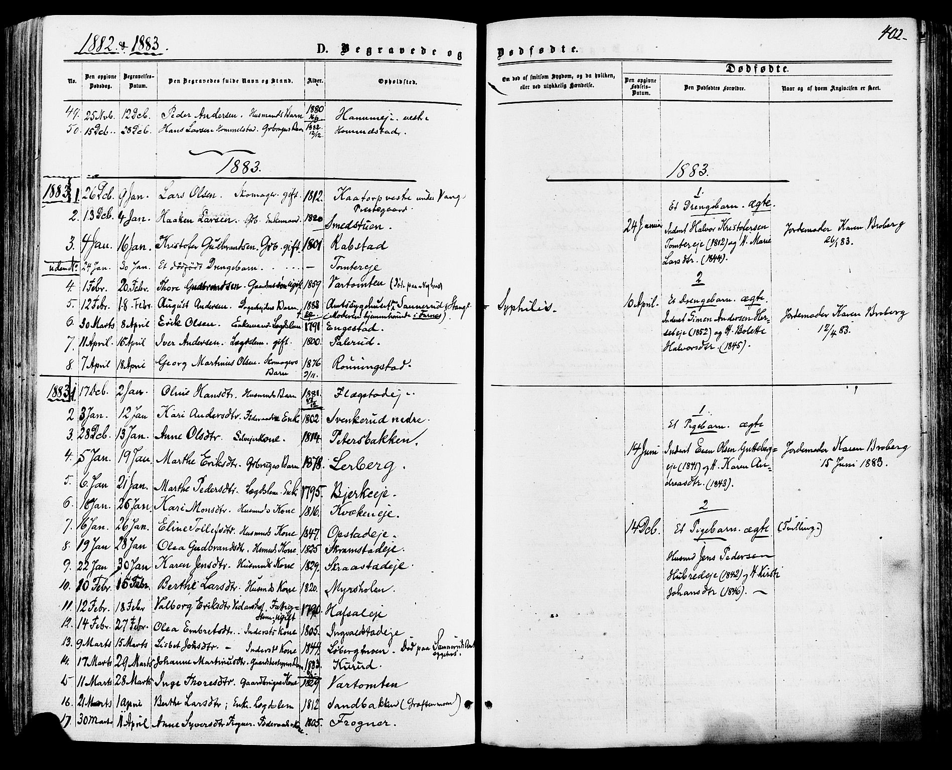 Vang prestekontor, Hedmark, SAH/PREST-008/H/Ha/Haa/L0015: Parish register (official) no. 15, 1871-1885, p. 402