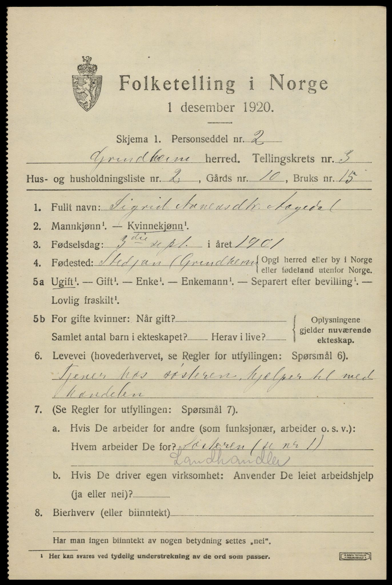 SAK, 1920 census for Grindheim, 1920, p. 907