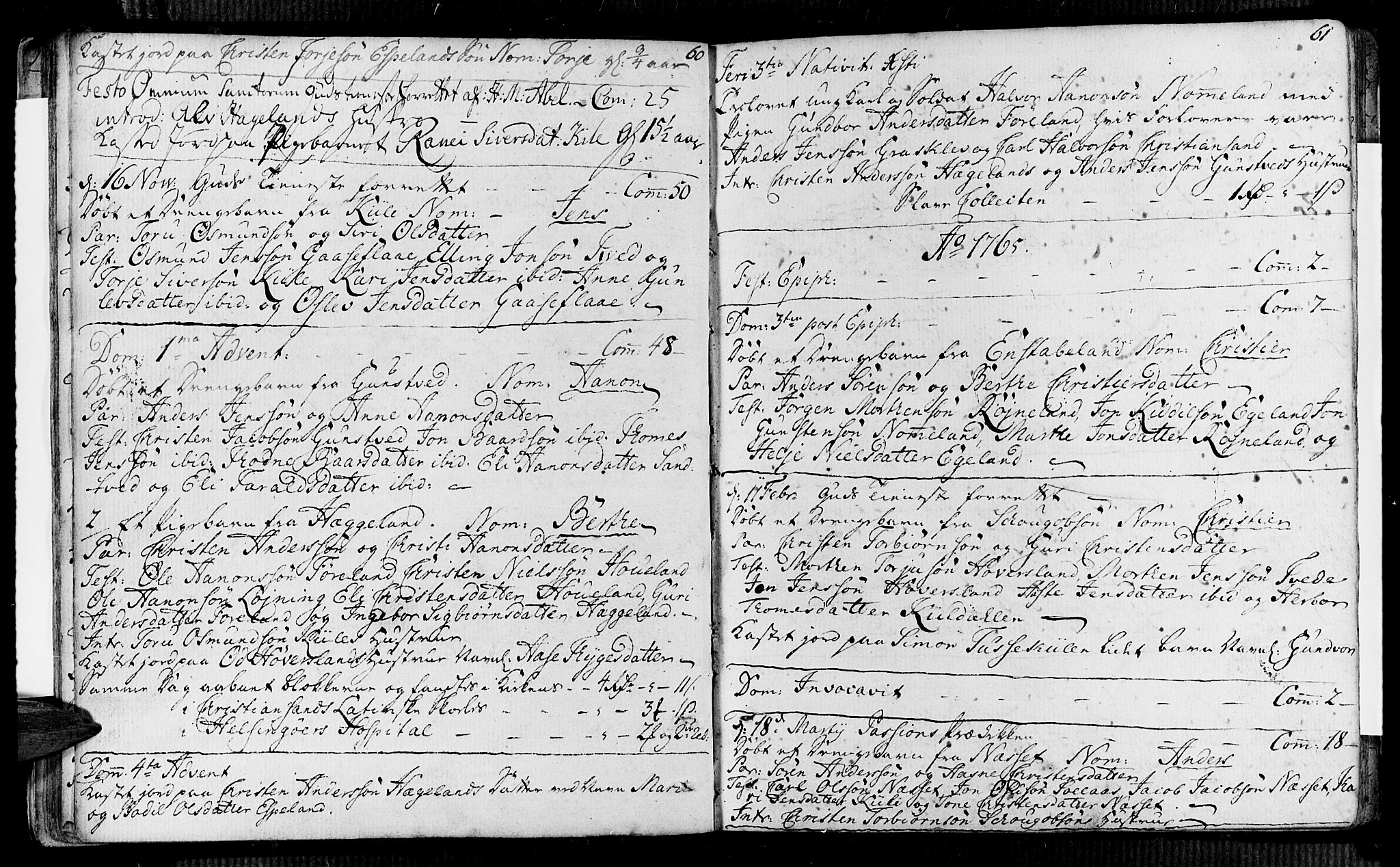 Vennesla sokneprestkontor, AV/SAK-1111-0045/Fa/Faa/L0001: Parish register (official) no. A 1, 1753-1785, p. 60-61