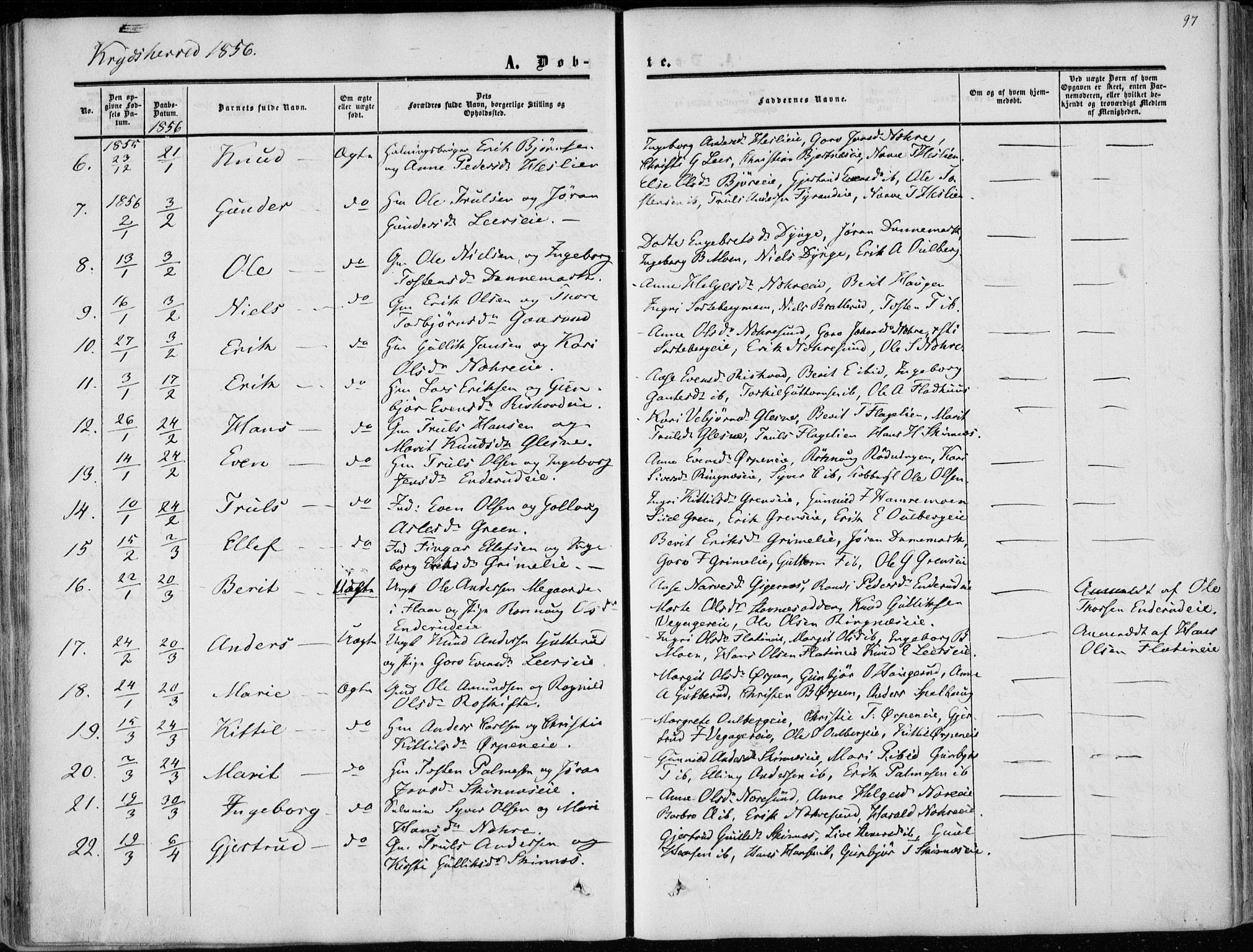 Sigdal kirkebøker, AV/SAKO-A-245/F/Fa/L0008: Parish register (official) no. I 8, 1850-1859, p. 97