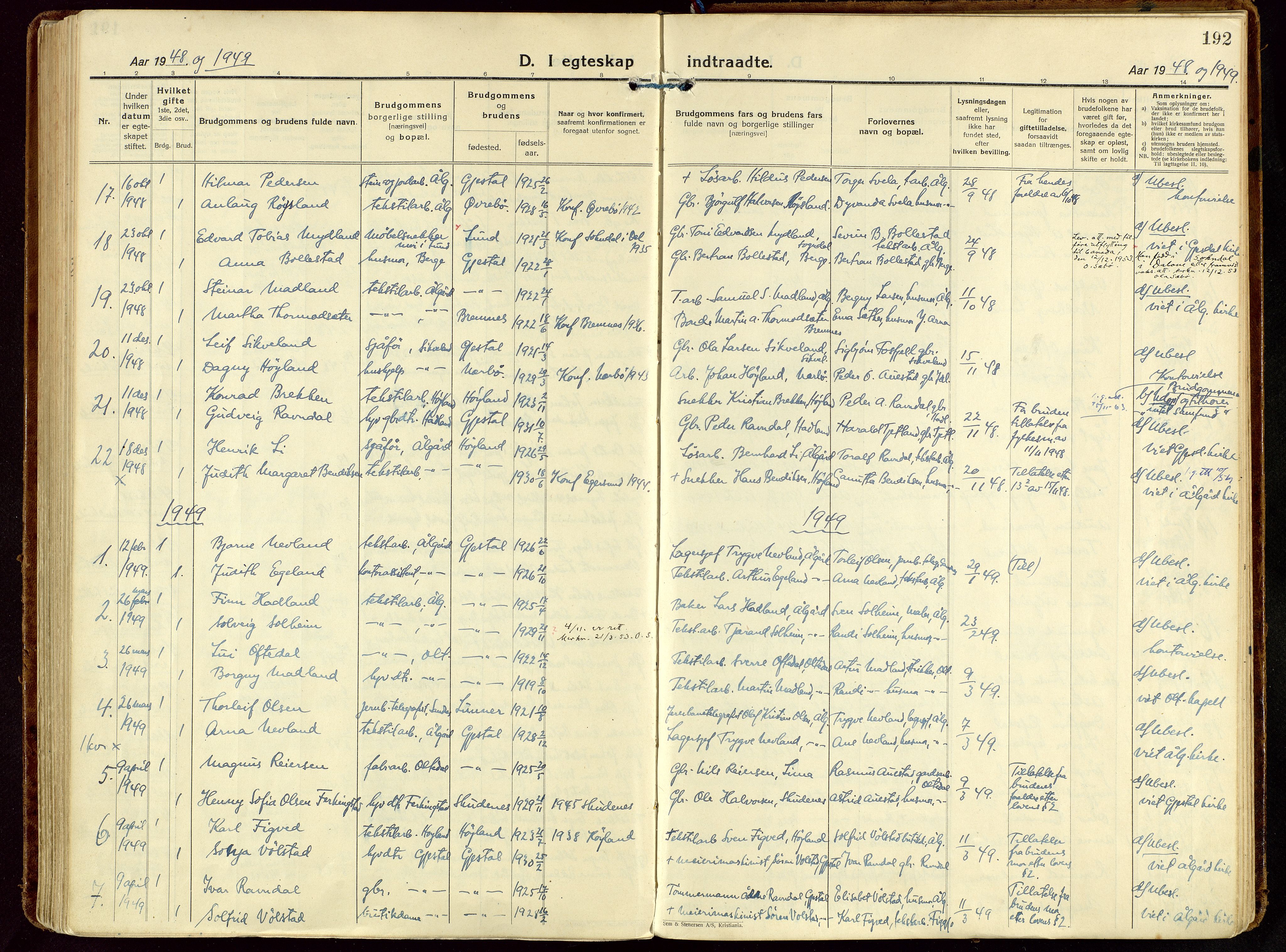 Gjesdal sokneprestkontor, SAST/A-101796/003/O/L0001: Parish register (official) no. A 1, 1925-1949, p. 192