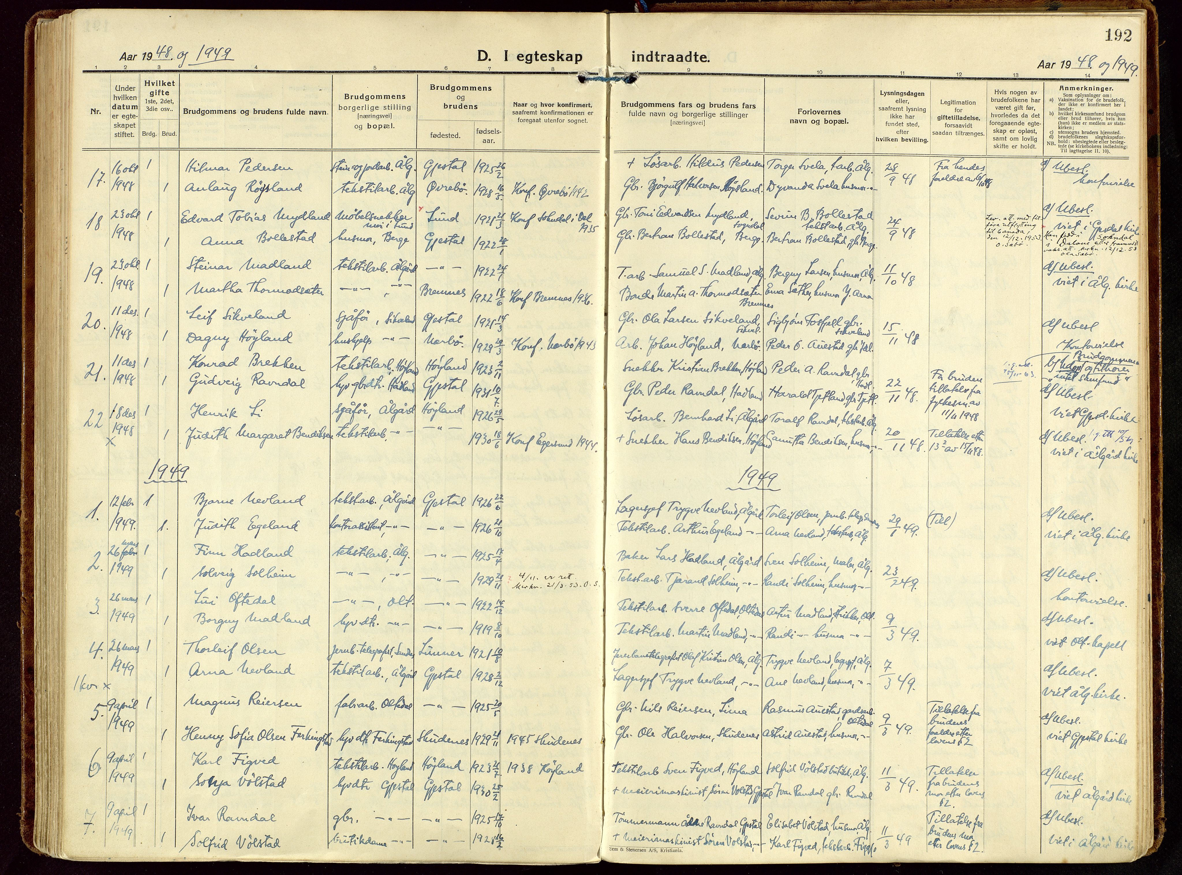 Gjesdal sokneprestkontor, AV/SAST-A-101796/003/O/L0001: Parish register (official) no. A 1, 1925-1949, p. 192