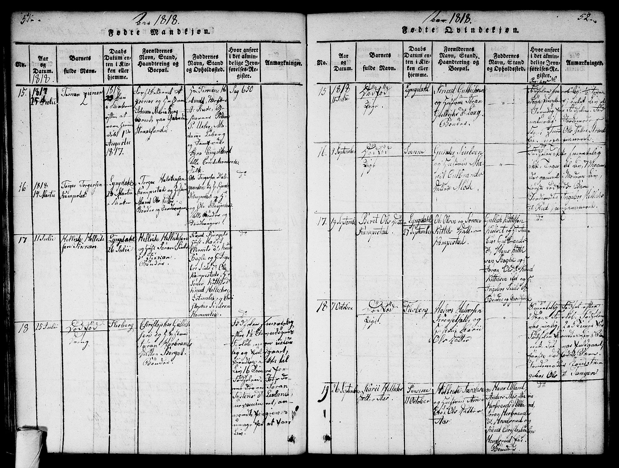 Flesberg kirkebøker, AV/SAKO-A-18/G/Ga/L0001: Parish register (copy) no. I 1, 1816-1834, p. 51-52