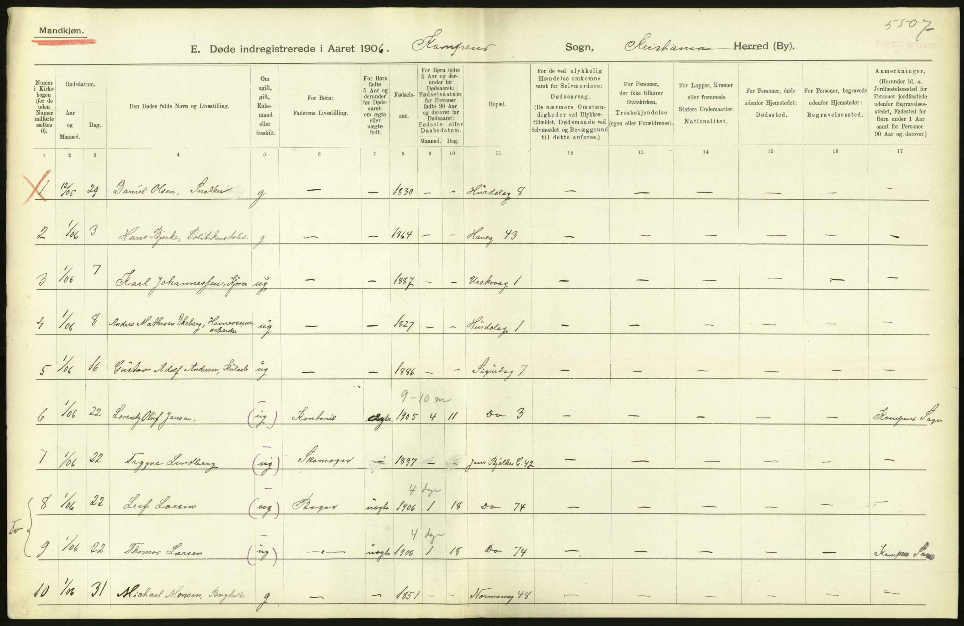 Statistisk sentralbyrå, Sosiodemografiske emner, Befolkning, RA/S-2228/D/Df/Dfa/Dfad/L0009: Kristiania: Døde, 1906, p. 176