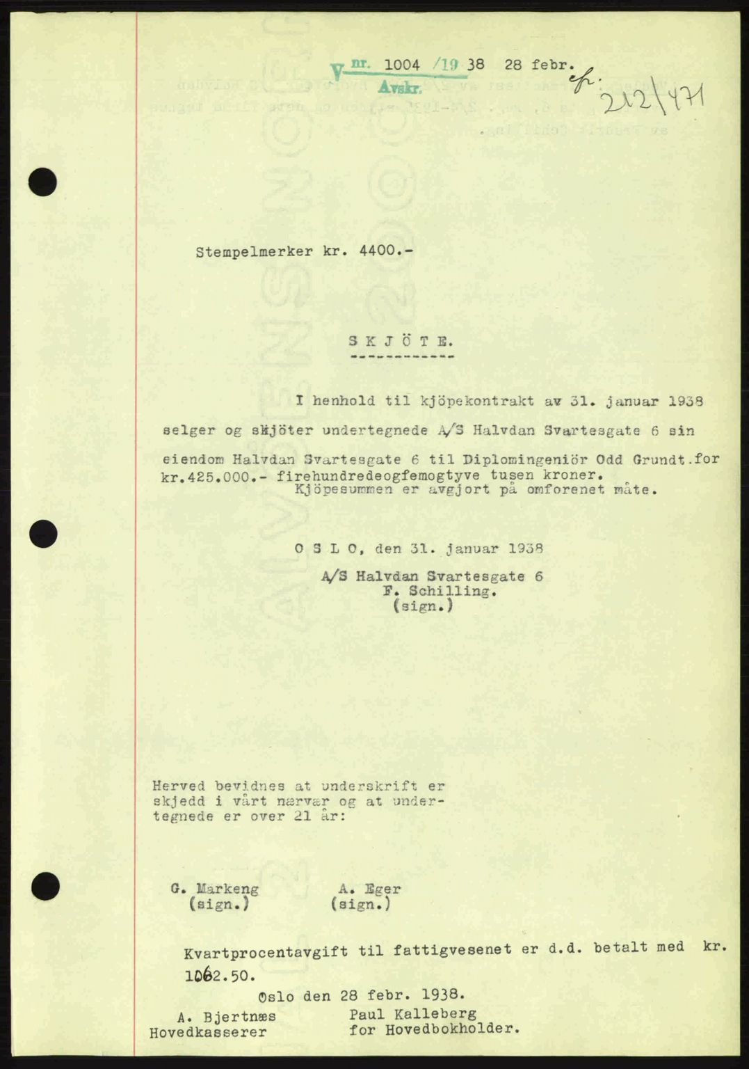 Oslo byskriverembete, AV/SAO-A-10227/G/Gb/Gbb/Gbbb/L0003: Mortgage book no. VA3, 1938-1939, Diary no: : 1004/1938