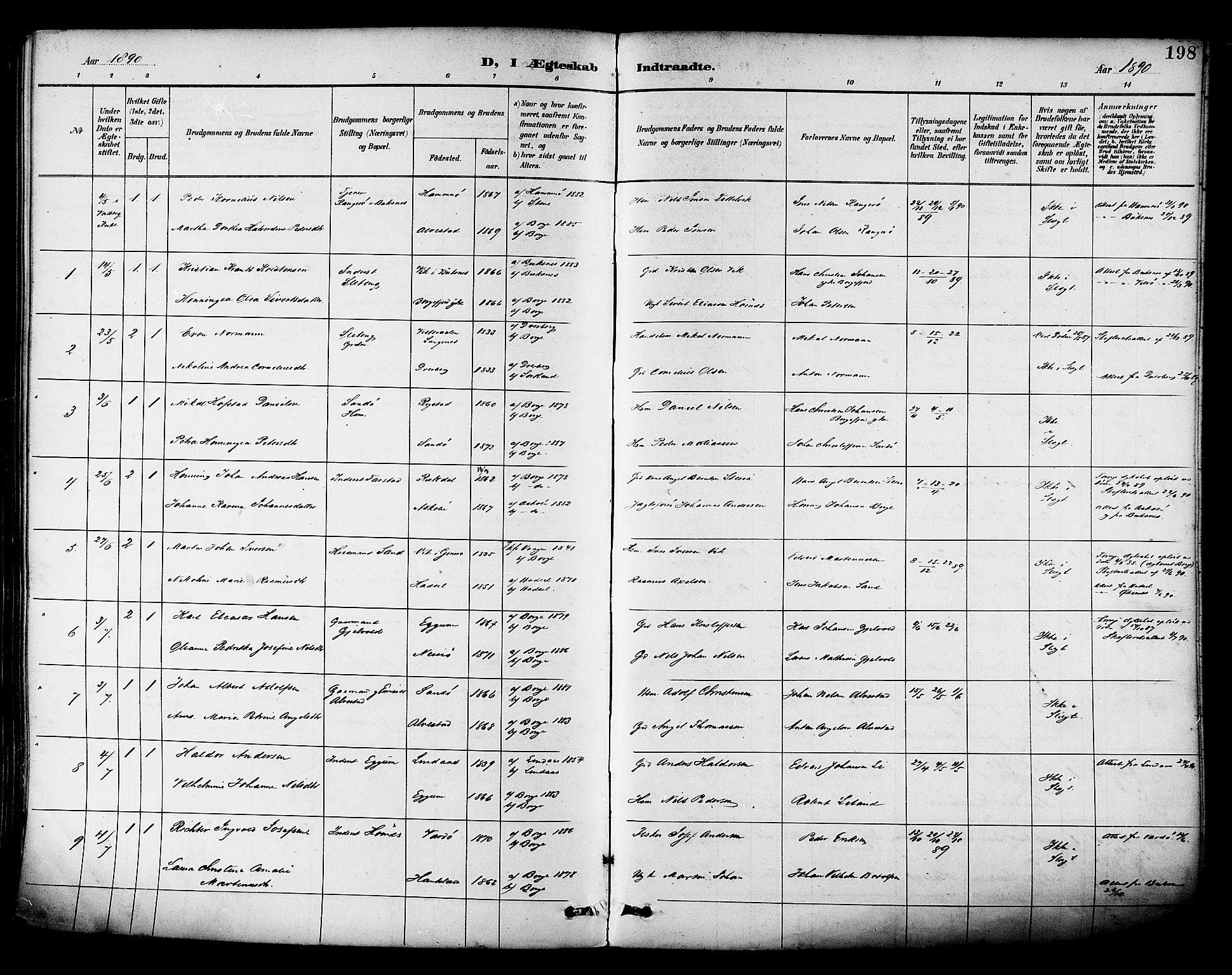 Ministerialprotokoller, klokkerbøker og fødselsregistre - Nordland, SAT/A-1459/880/L1133: Parish register (official) no. 880A07, 1888-1898, p. 198
