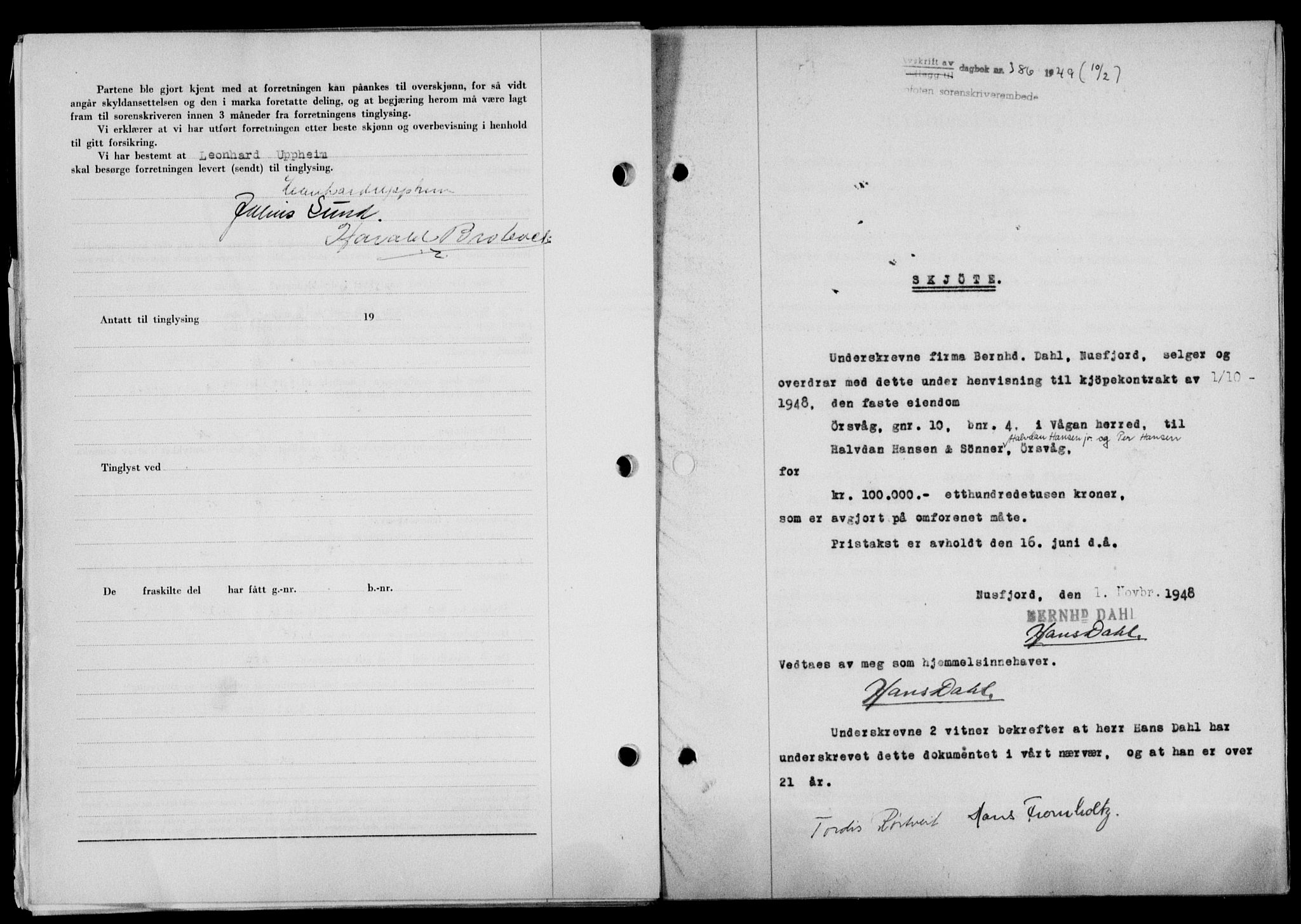Lofoten sorenskriveri, SAT/A-0017/1/2/2C/L0020a: Mortgage book no. 20a, 1948-1949, Diary no: : 386/1949