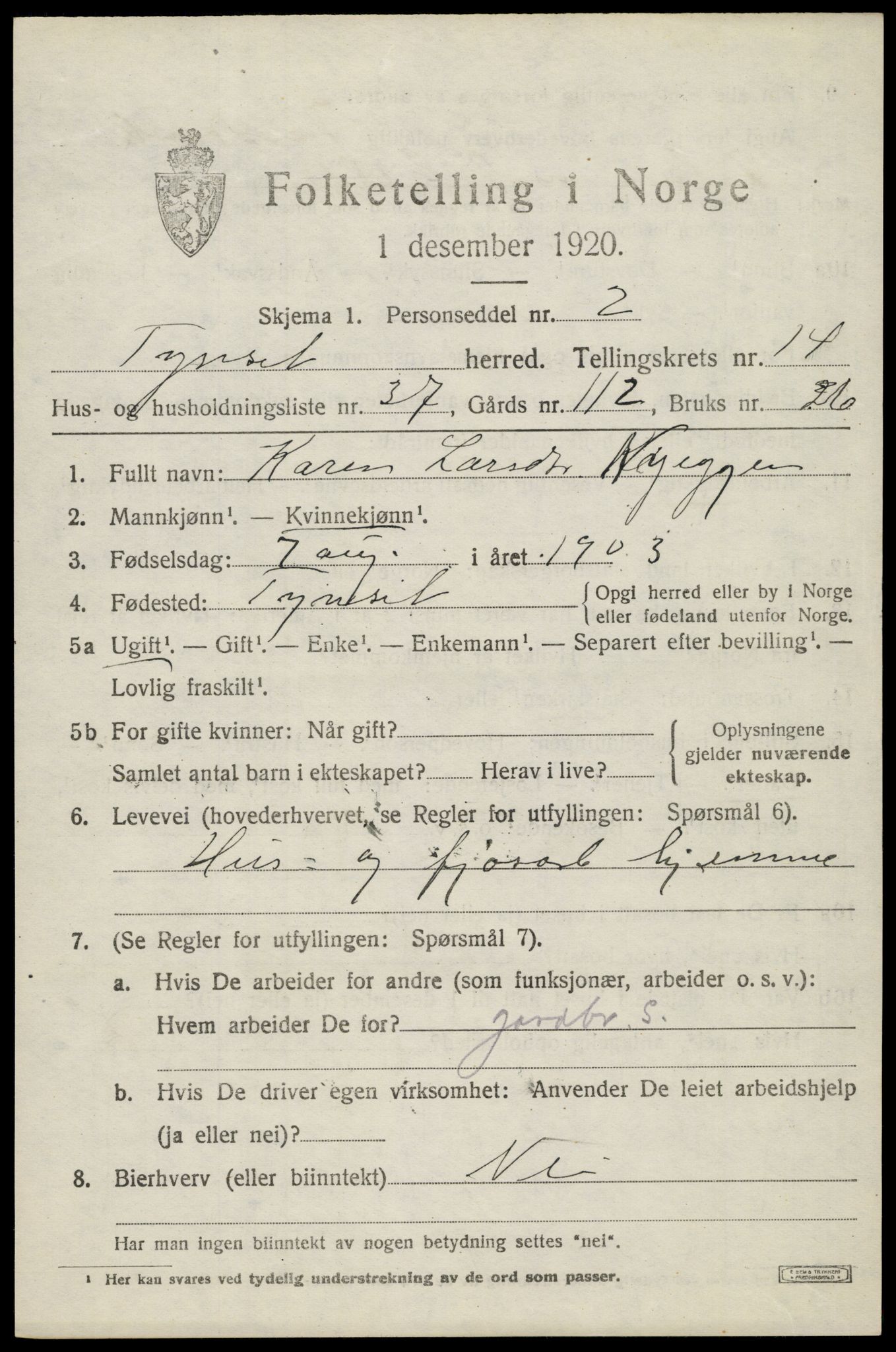 SAH, 1920 census for Tynset, 1920, p. 9218