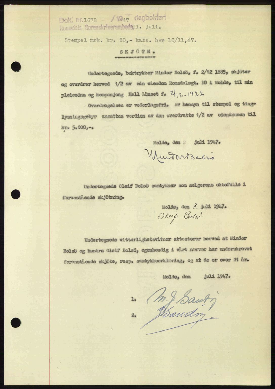 Romsdal sorenskriveri, AV/SAT-A-4149/1/2/2C: Mortgage book no. A23, 1947-1947, Diary no: : 1678/1947