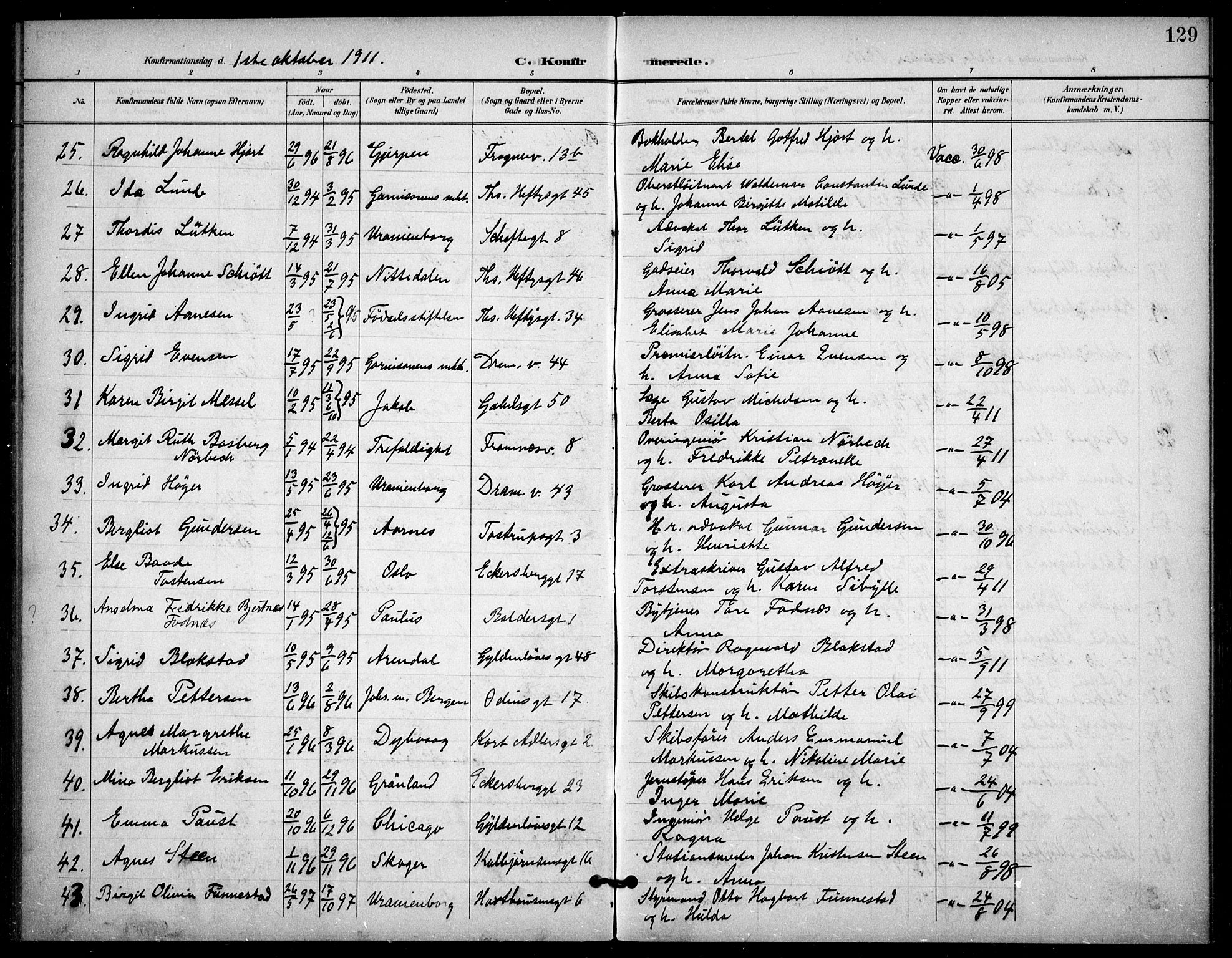 Frogner prestekontor Kirkebøker, AV/SAO-A-10886/F/Fa/L0001: Parish register (official) no. 1, 1898-1916, p. 129