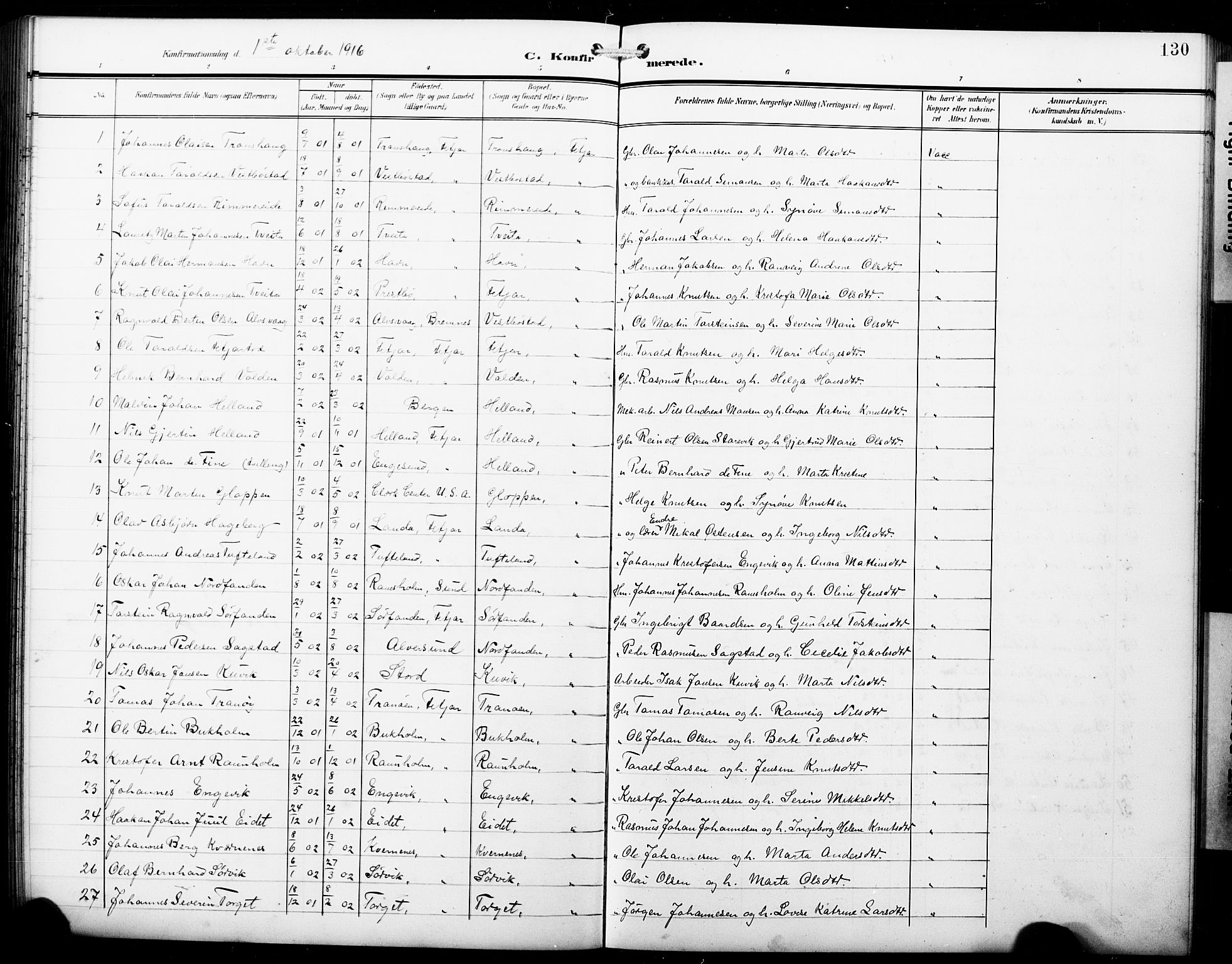 Fitjar sokneprestembete, SAB/A-99926: Parish register (copy) no. B 1, 1906-1928, p. 130