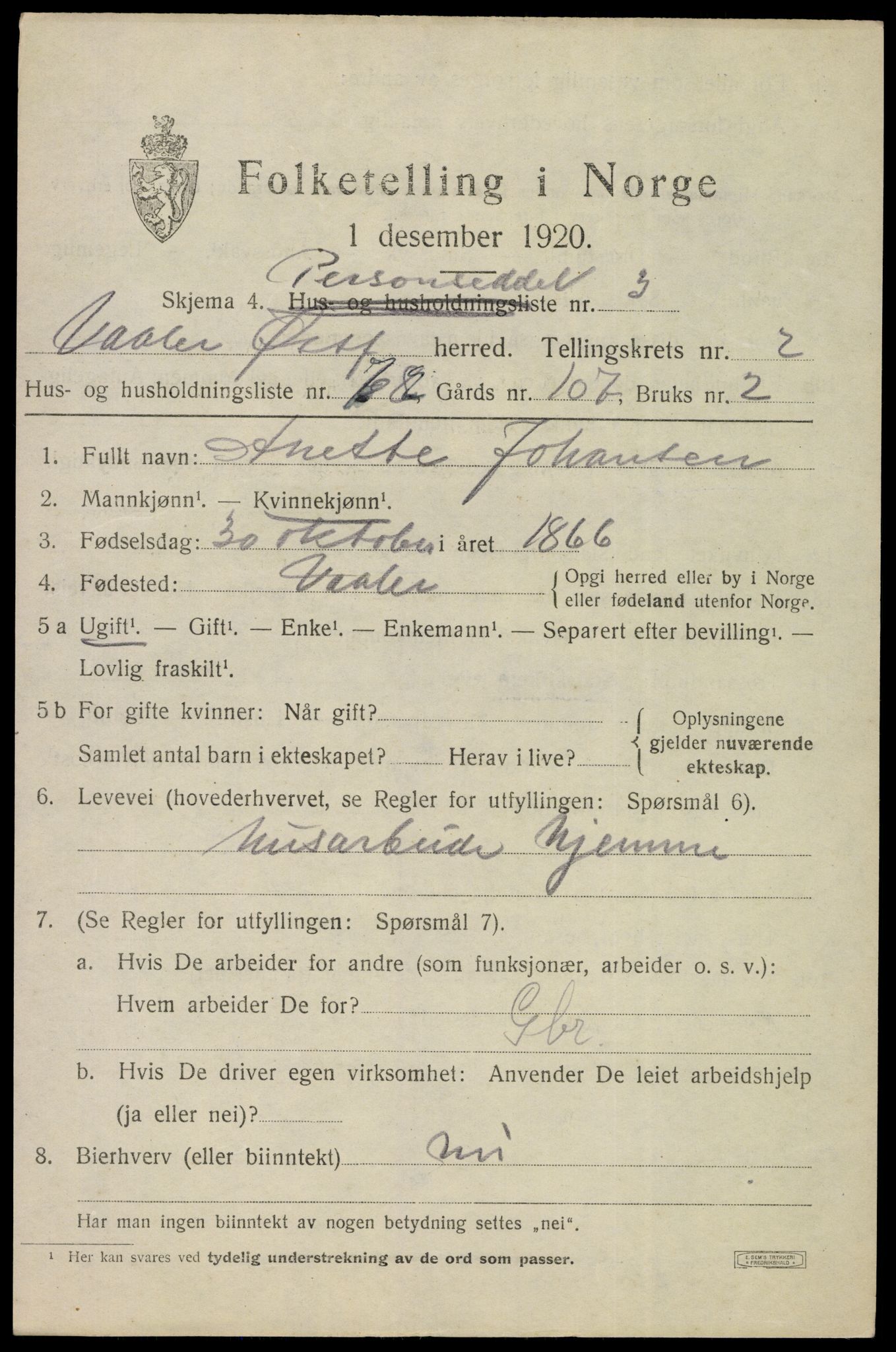 SAO, 1920 census for Våler, 1920, p. 2048