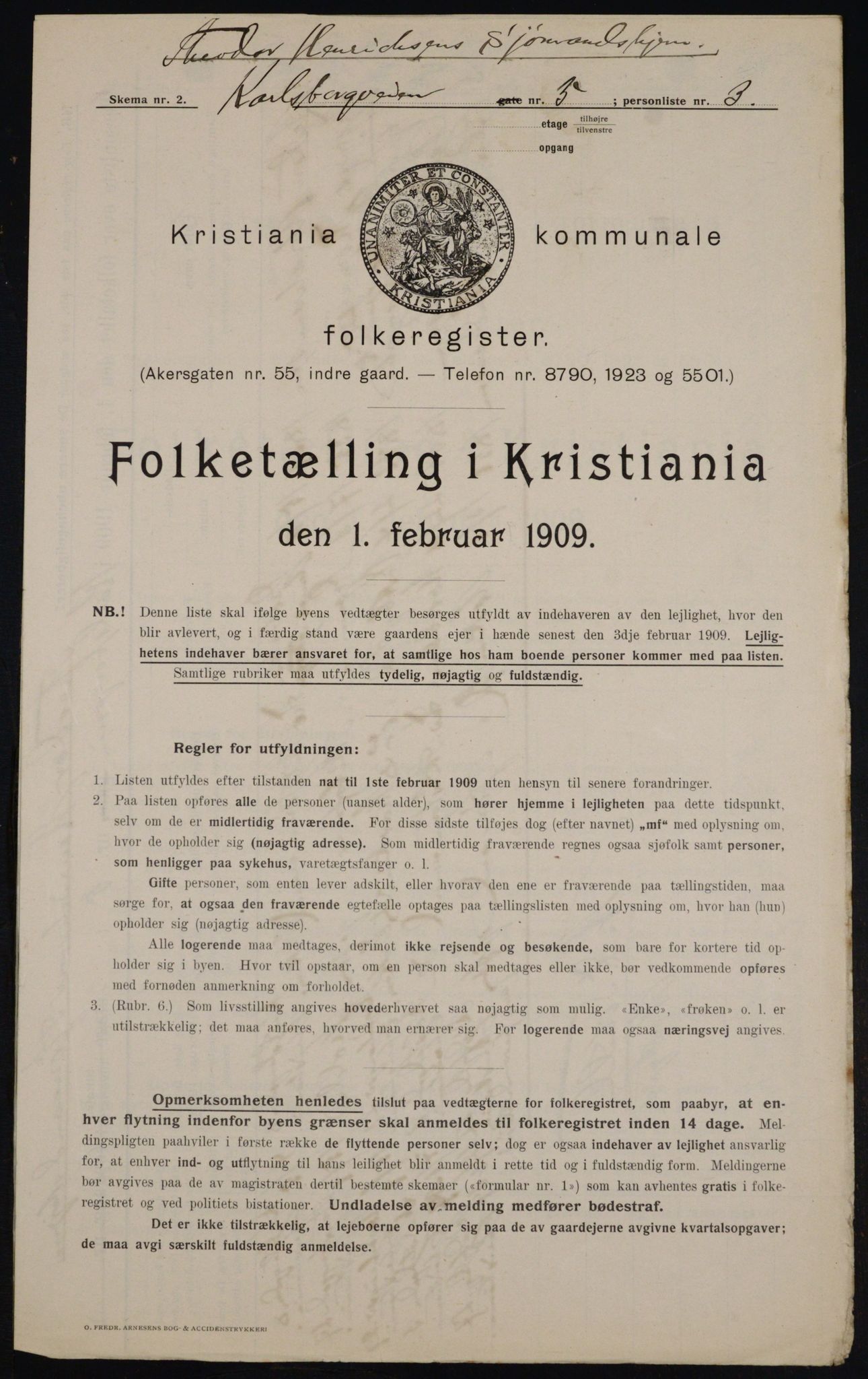 OBA, Municipal Census 1909 for Kristiania, 1909, p. 44655