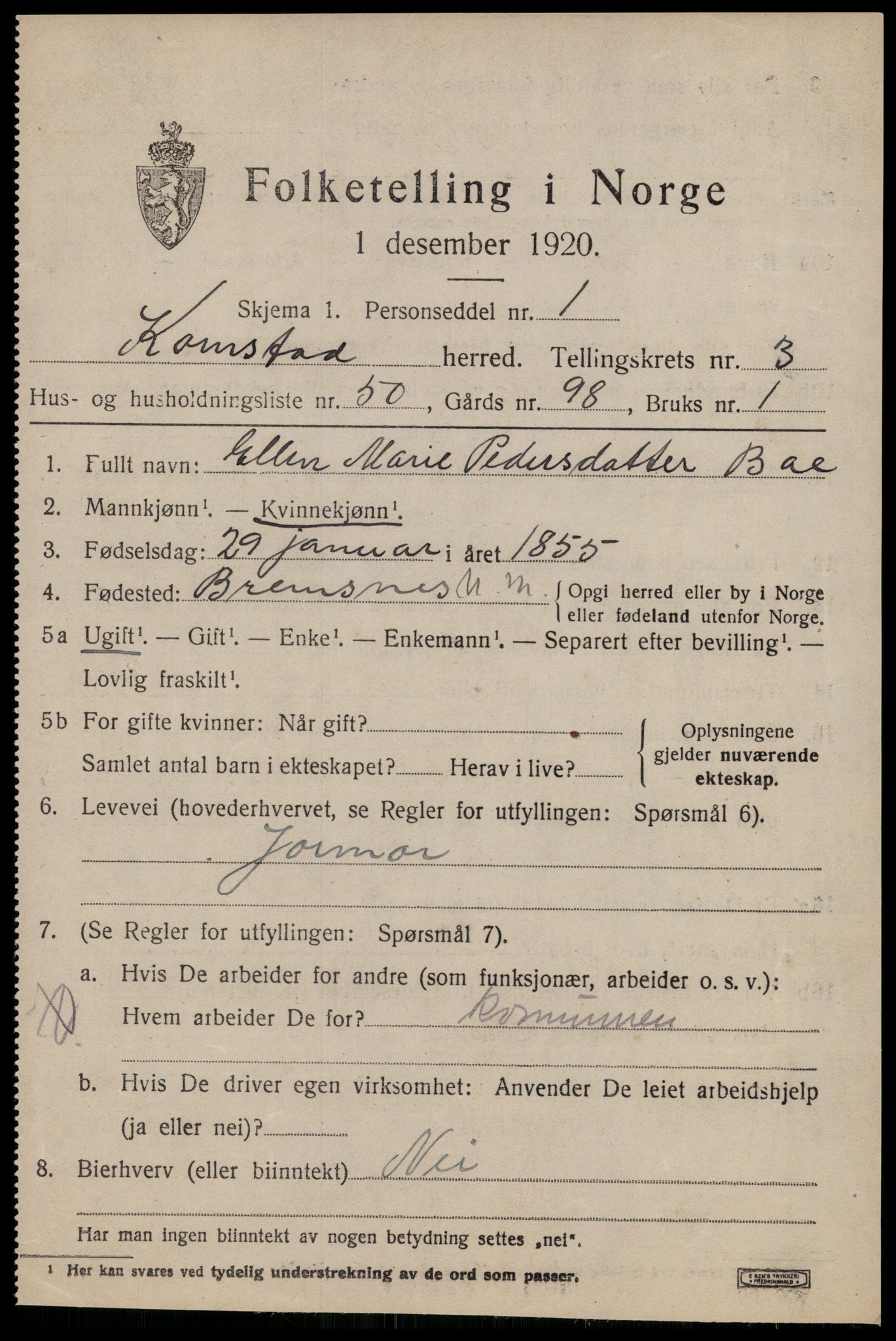 SAT, 1920 census for Kornstad, 1920, p. 2495