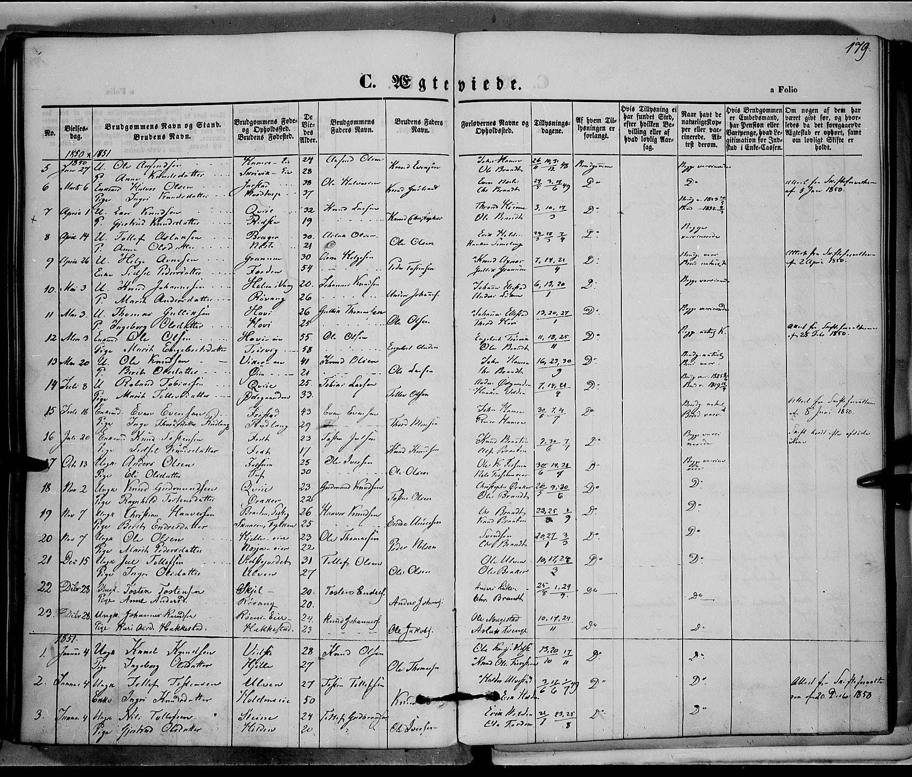 Vestre Slidre prestekontor, SAH/PREST-136/H/Ha/Haa/L0001: Parish register (official) no. 1, 1844-1855, p. 179