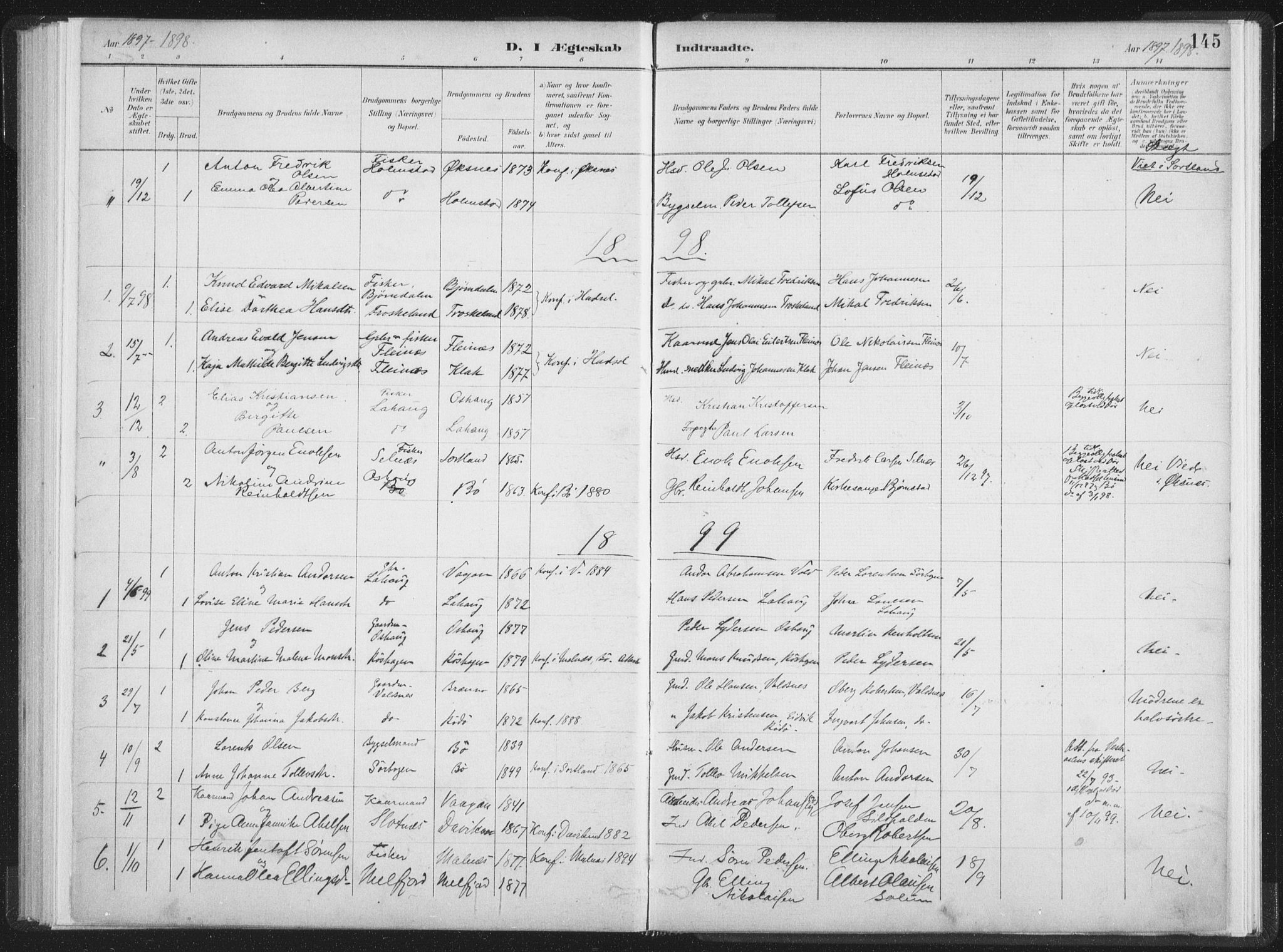 Ministerialprotokoller, klokkerbøker og fødselsregistre - Nordland, AV/SAT-A-1459/890/L1286: Parish register (official) no. 890A01, 1882-1902, p. 145