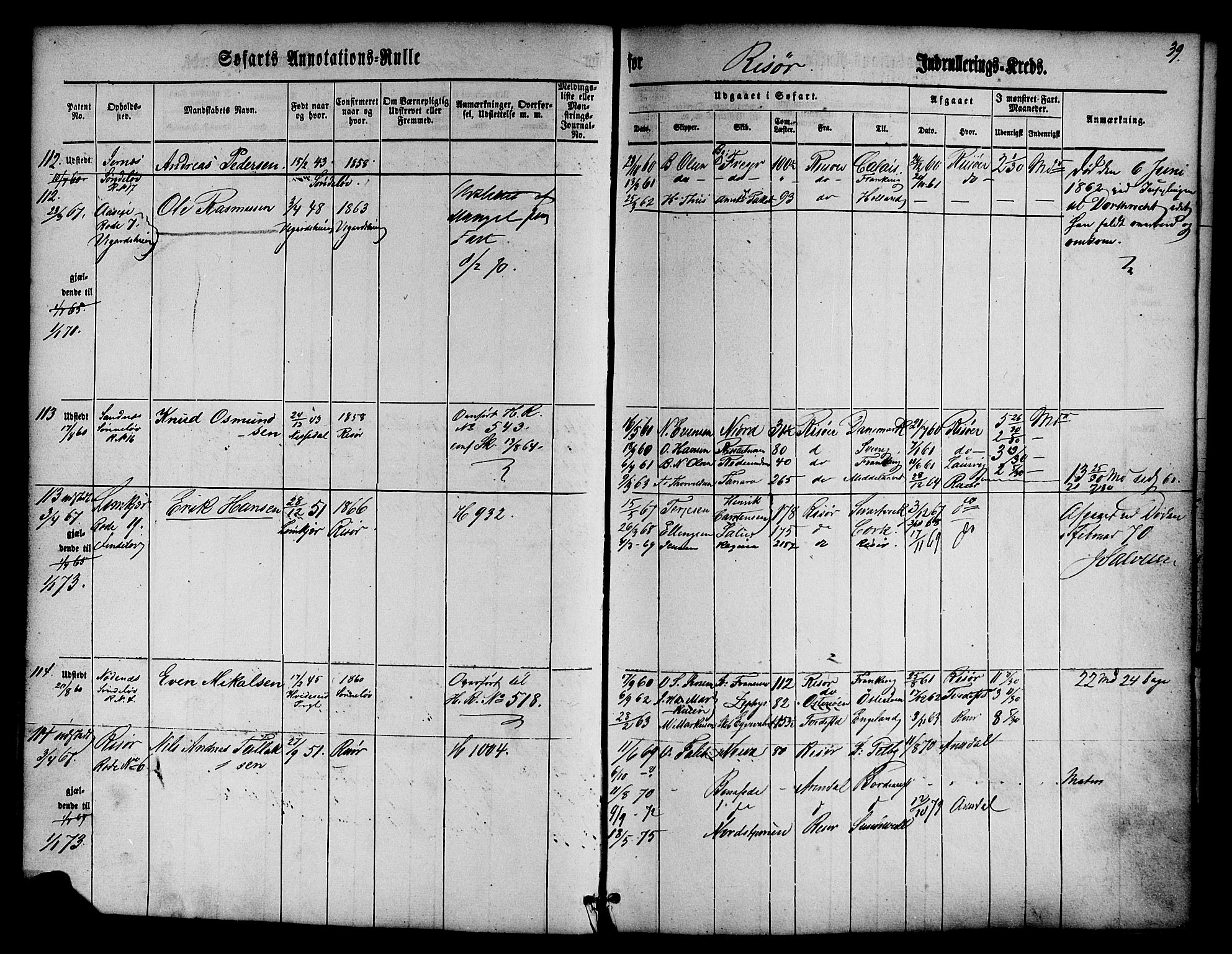 Risør mønstringskrets, AV/SAK-2031-0010/F/Fa/L0001: Annotasjonsrulle nr 1-435 med register, D-1, 1860-1865, p. 57