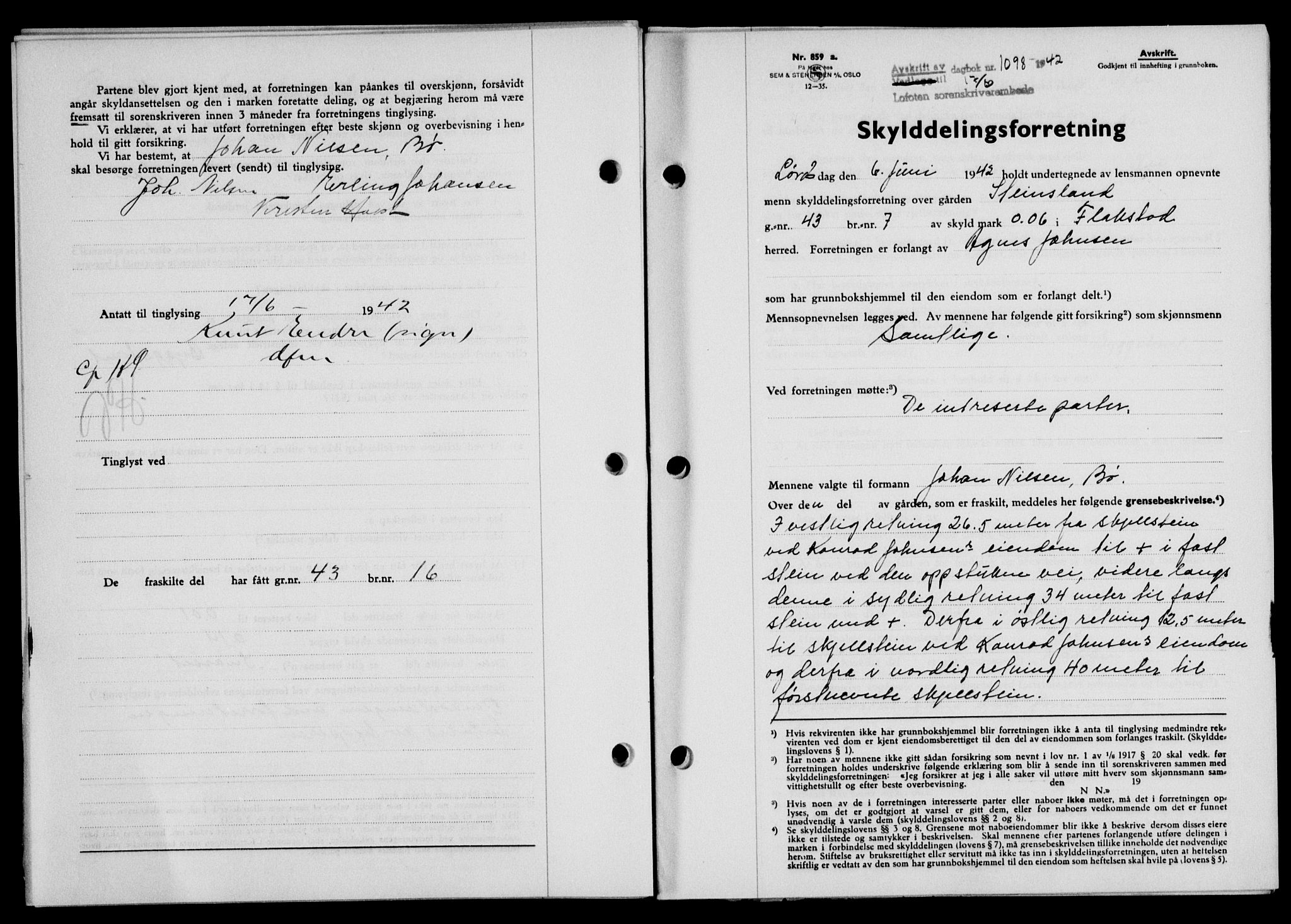 Lofoten sorenskriveri, SAT/A-0017/1/2/2C/L0010a: Mortgage book no. 10a, 1942-1943, Diary no: : 1098/1942