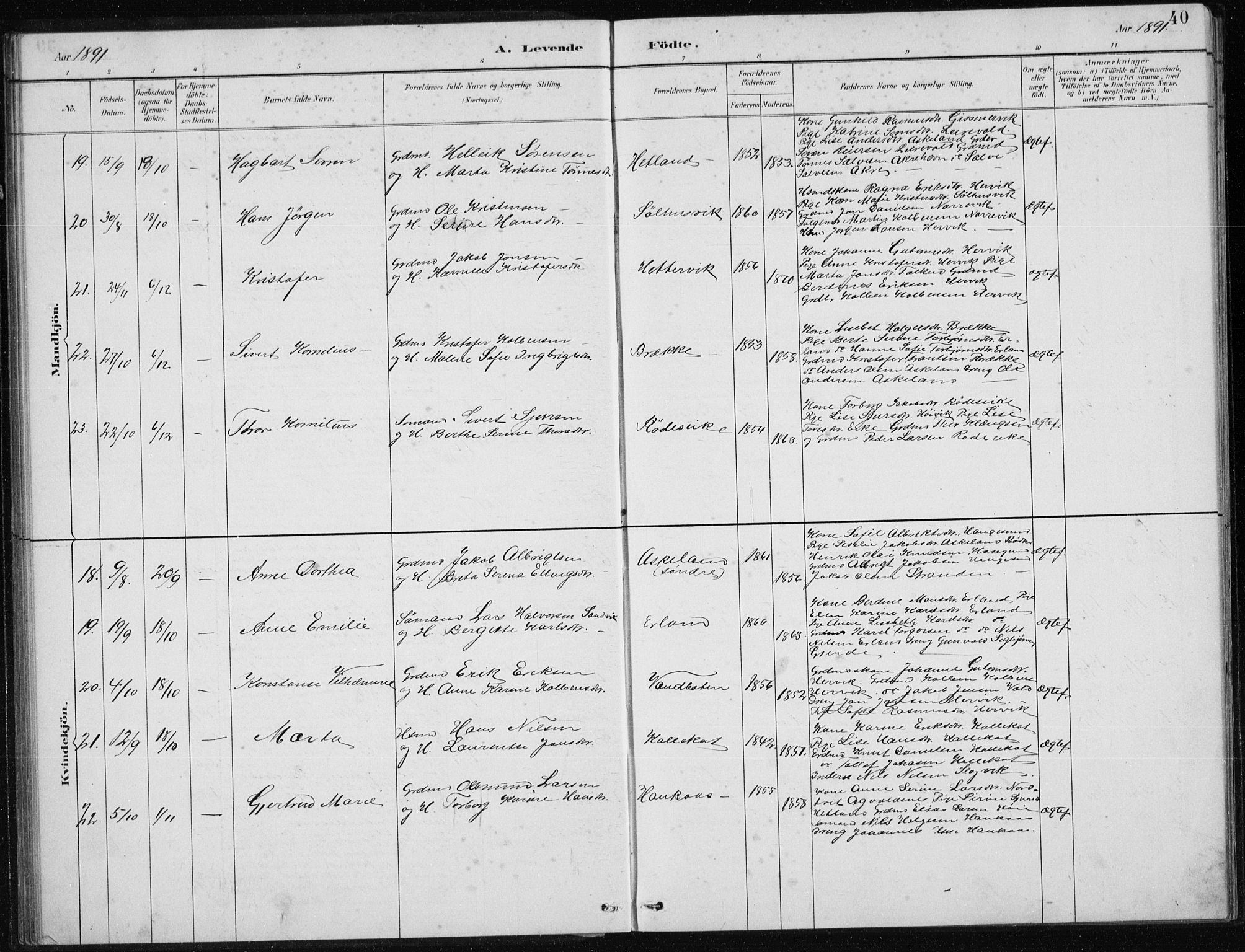 Tysvær sokneprestkontor, AV/SAST-A -101864/H/Ha/Hab/L0004: Parish register (copy) no. B 4, 1883-1896, p. 40