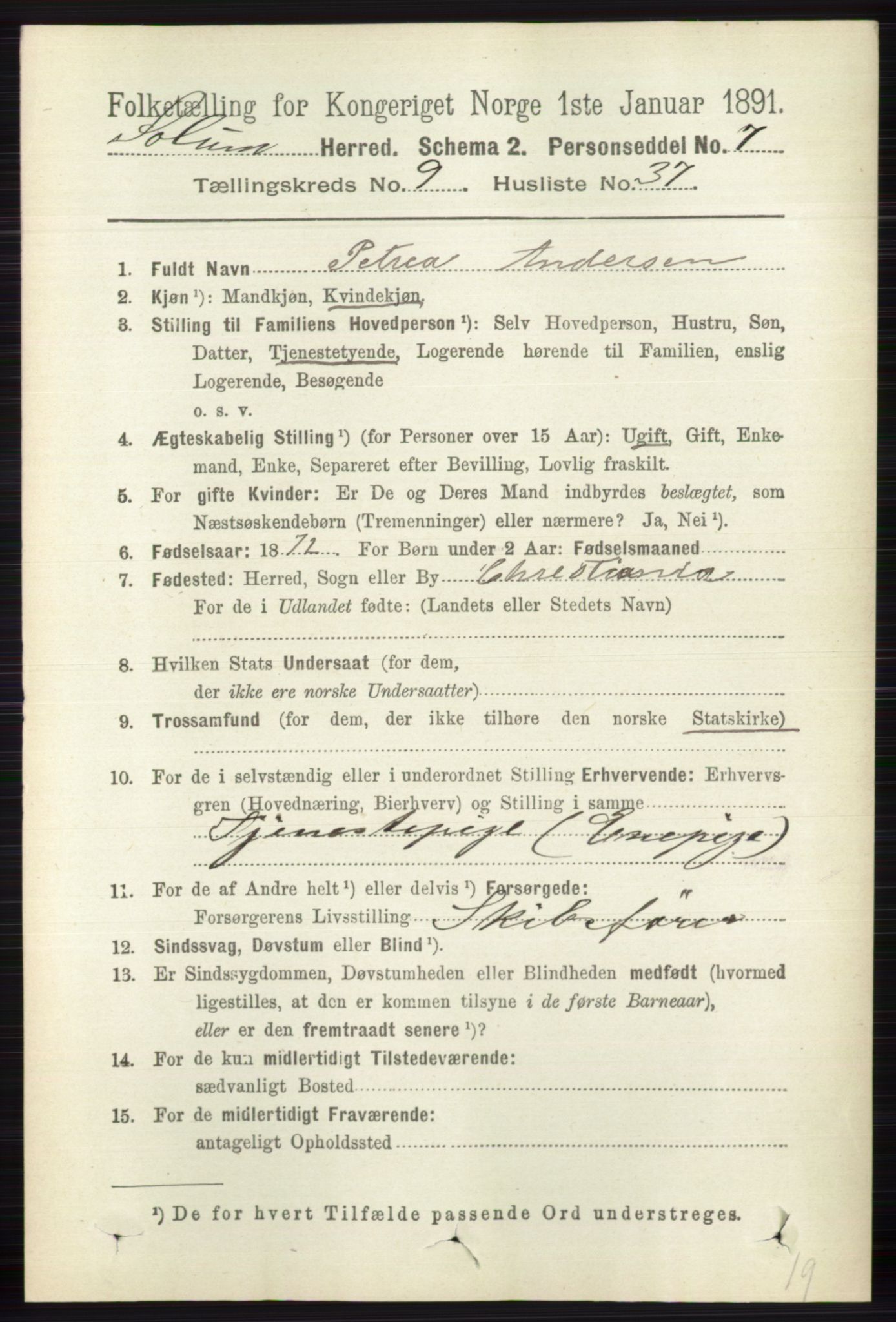 RA, 1891 census for 0818 Solum, 1891, p. 2169