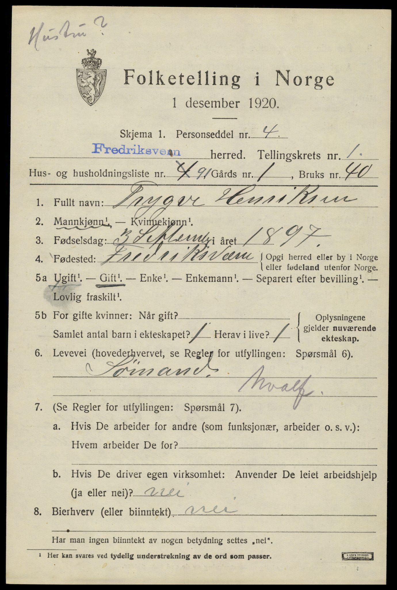 SAKO, 1920 census for Fredriksvern, 1920, p. 951