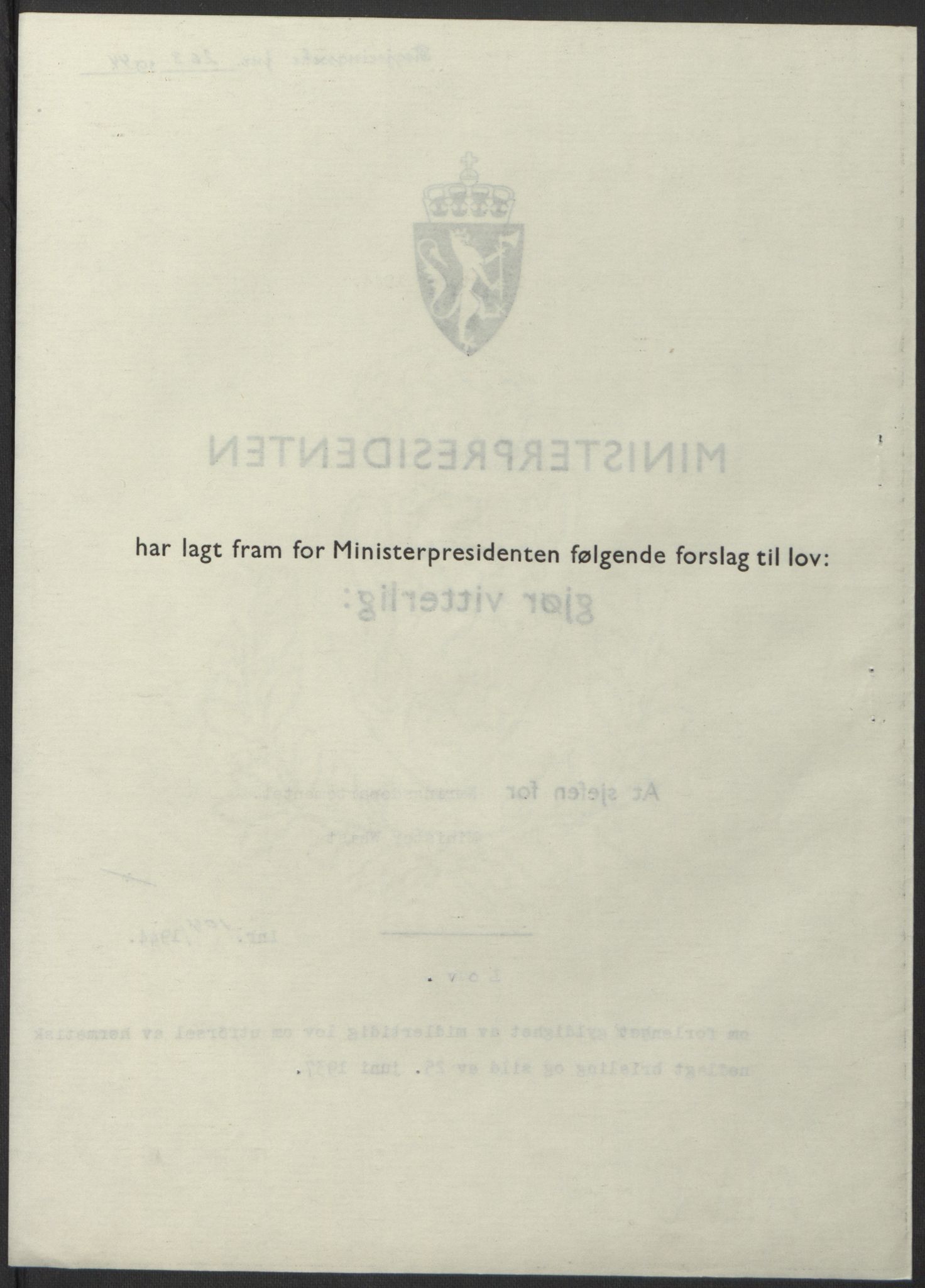 NS-administrasjonen 1940-1945 (Statsrådsekretariatet, de kommisariske statsråder mm), AV/RA-S-4279/D/Db/L0100: Lover, 1944, p. 494